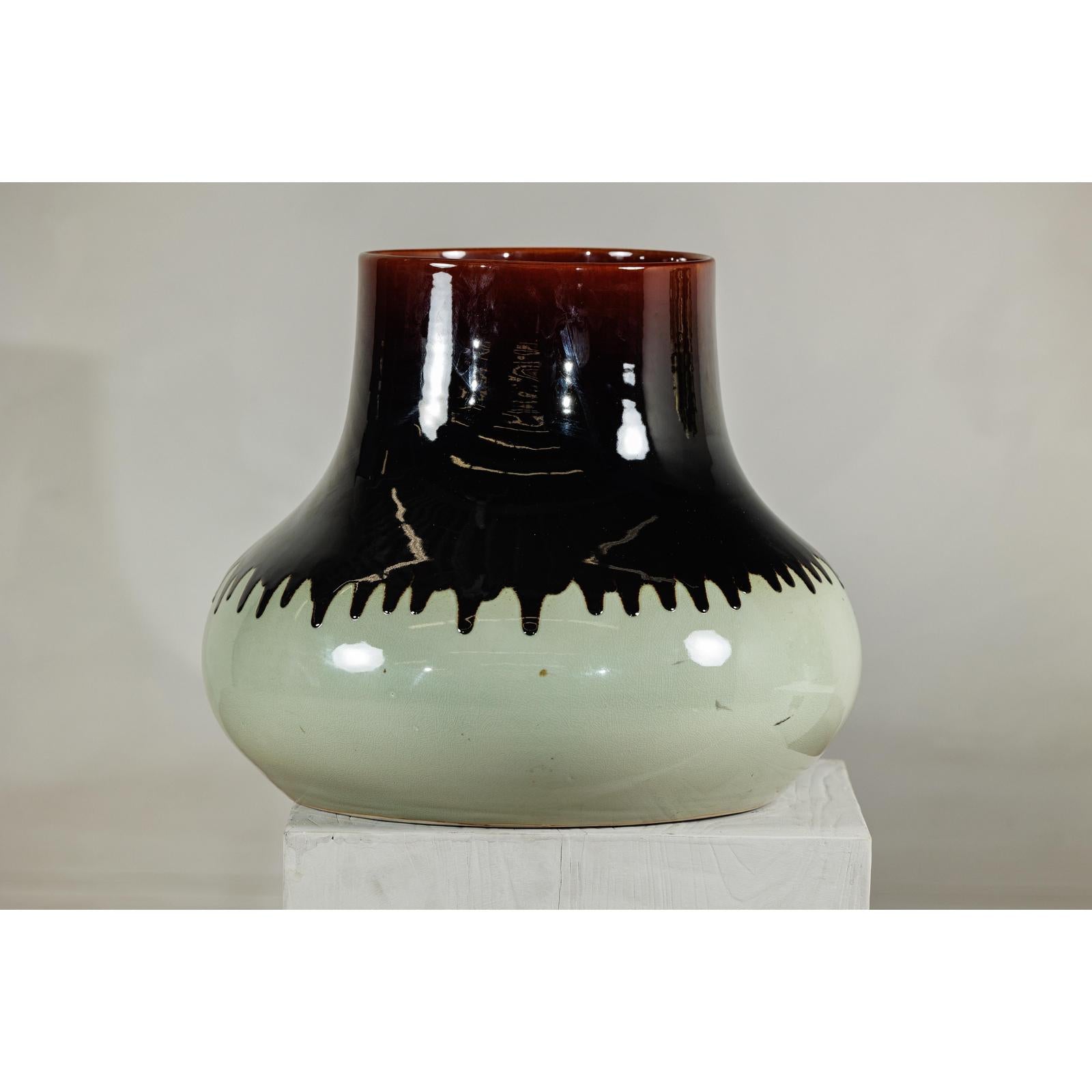 Artisan Ceramic Vase with Two-Tone Glaze and Wide Mouth Opening-10. Asian &amp; Chinese Furniture, Art, Antiques, Vintage Home Décor for sale at FEA Home