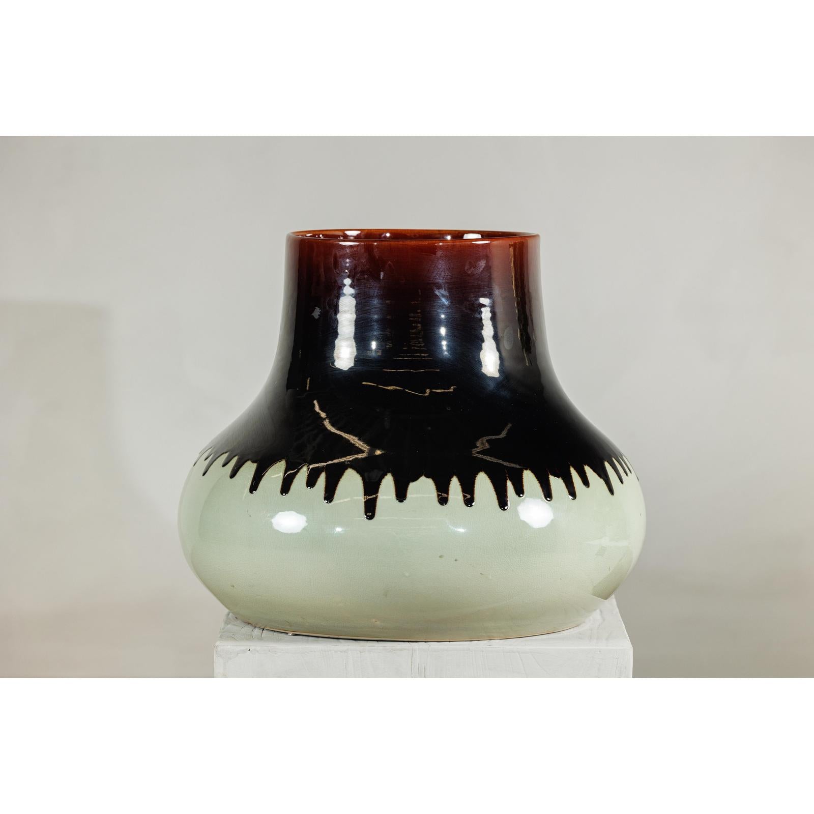 Artisan Ceramic Vase with Two-Tone Glaze and Wide Mouth Opening-2. Asian & Chinese Furniture, Art, Antiques, Vintage Home Décor for sale at FEA Home