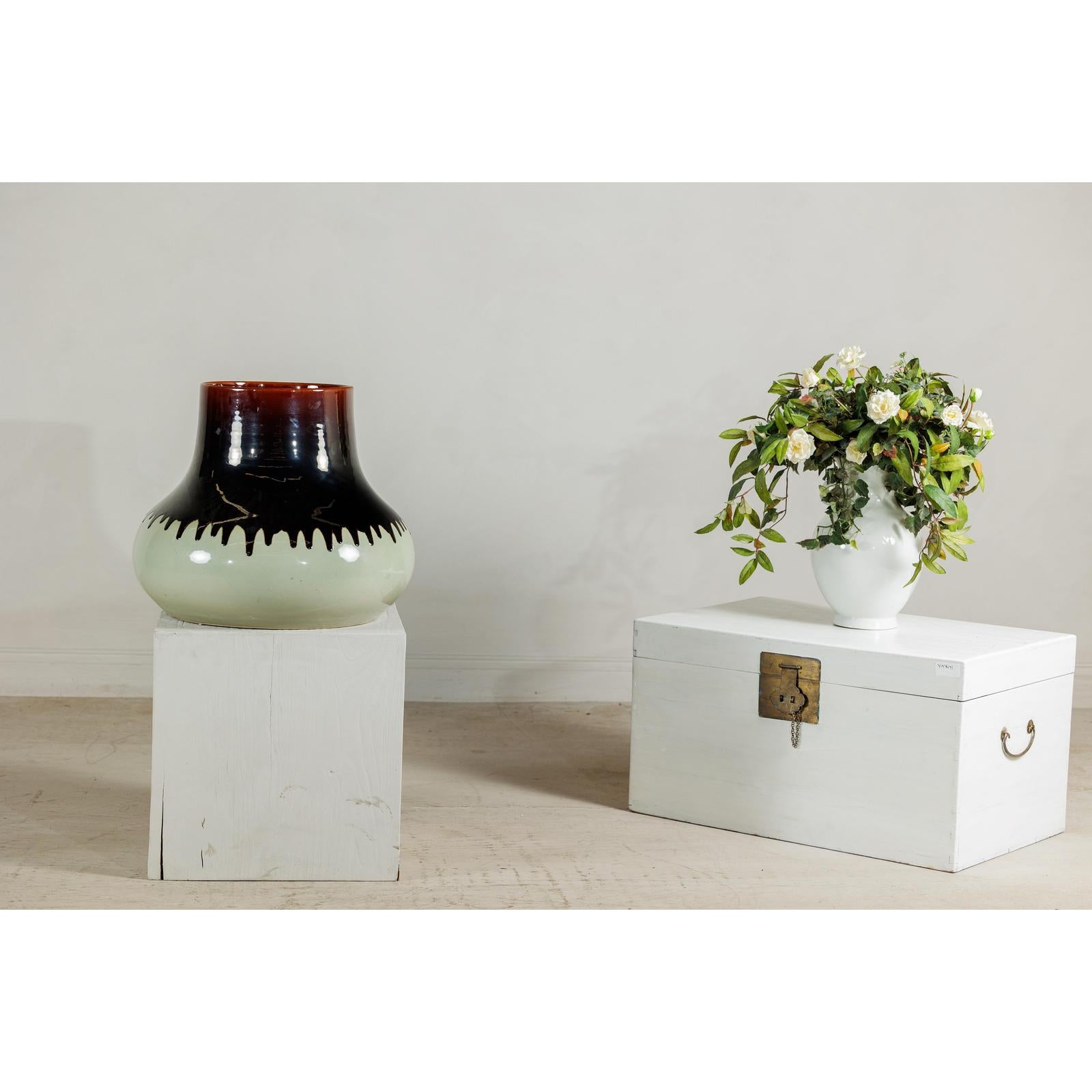 Artisan Ceramic Vase with Two-Tone Glaze and Wide Mouth Opening-3. Asian &amp; Chinese Furniture, Art, Antiques, Vintage Home Décor for sale at FEA Home