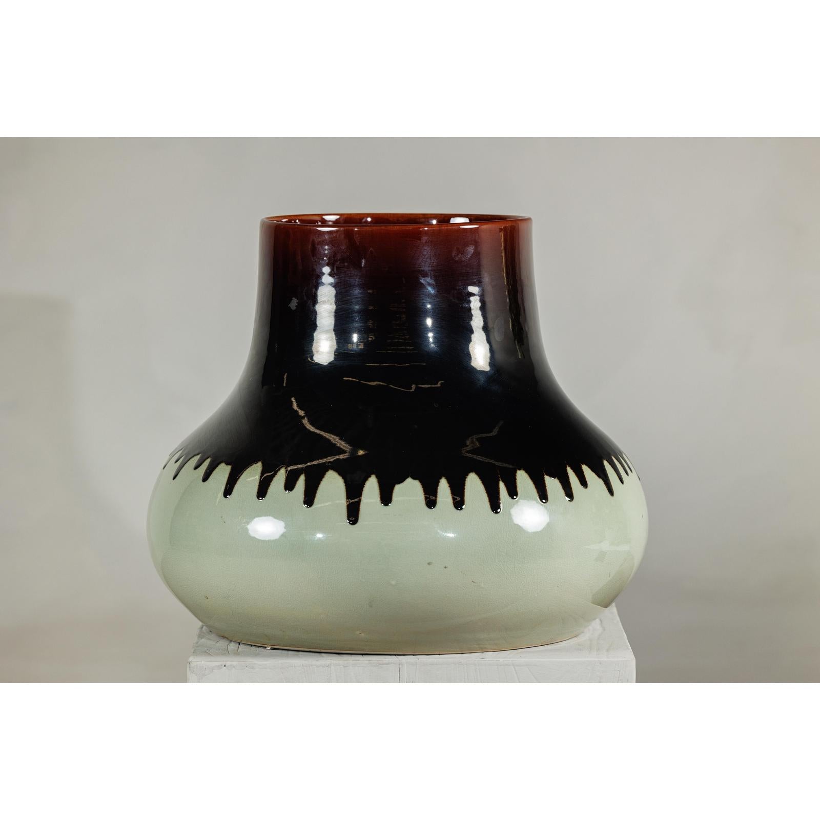 Artisan Ceramic Vase with Two-Tone Glaze and Wide Mouth Opening-6. Asian &amp; Chinese Furniture, Art, Antiques, Vintage Home Décor for sale at FEA Home