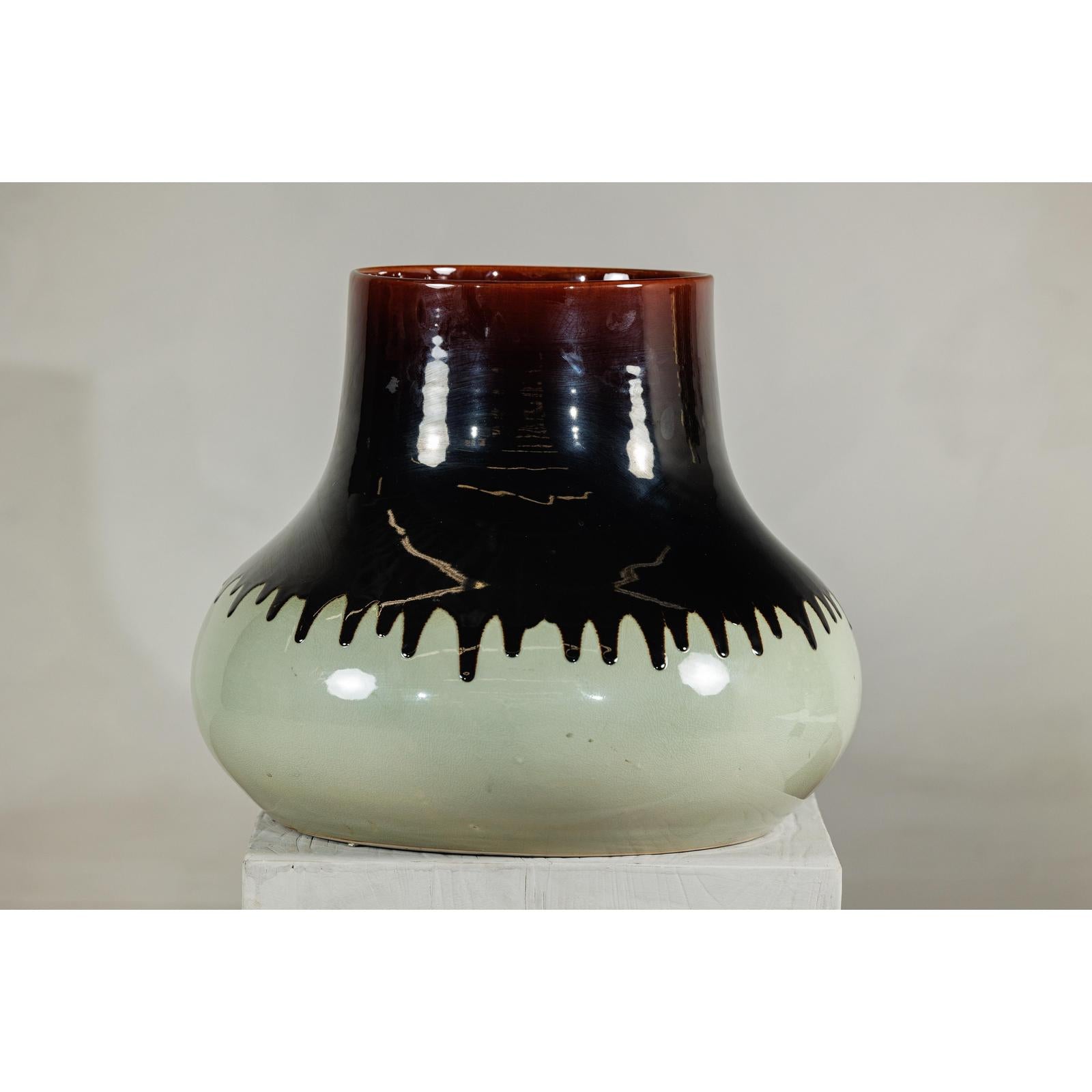 Artisan Ceramic Vase with Two-Tone Glaze and Wide Mouth Opening-7. Asian &amp; Chinese Furniture, Art, Antiques, Vintage Home Décor for sale at FEA Home