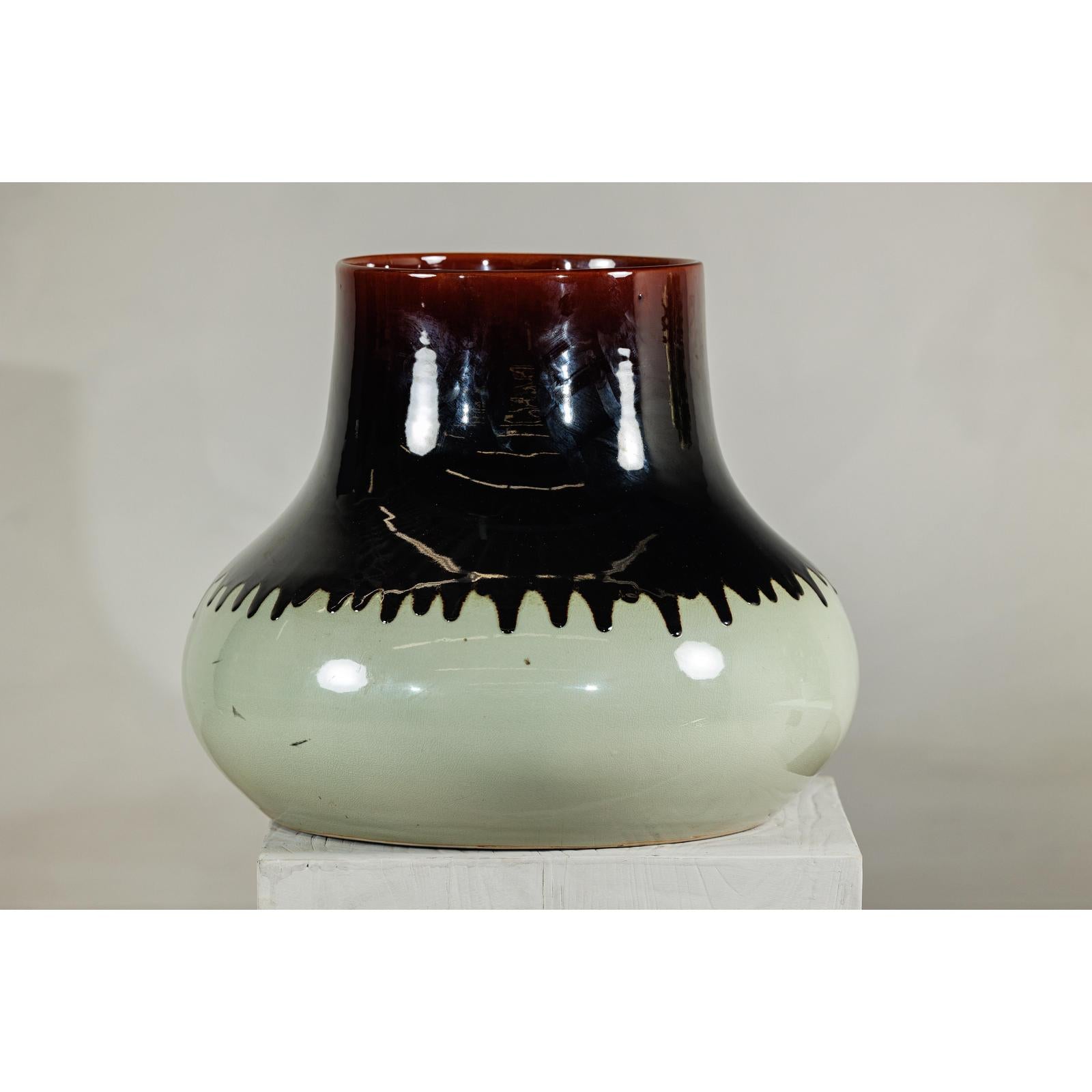 Artisan Ceramic Vase with Two-Tone Glaze and Wide Mouth Opening-9. Asian &amp; Chinese Furniture, Art, Antiques, Vintage Home Décor for sale at FEA Home