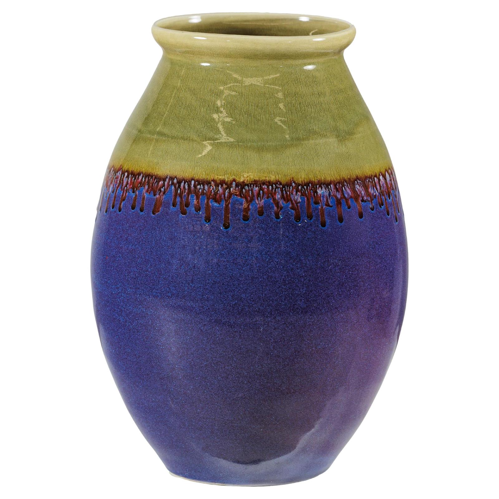 Artisan Purple and Olive Green Glazed Ceramic Ovoid Vase with Drip Detail-1. Asian & Chinese Furniture, Art, Antiques, Vintage Home Décor for sale at FEA Home
