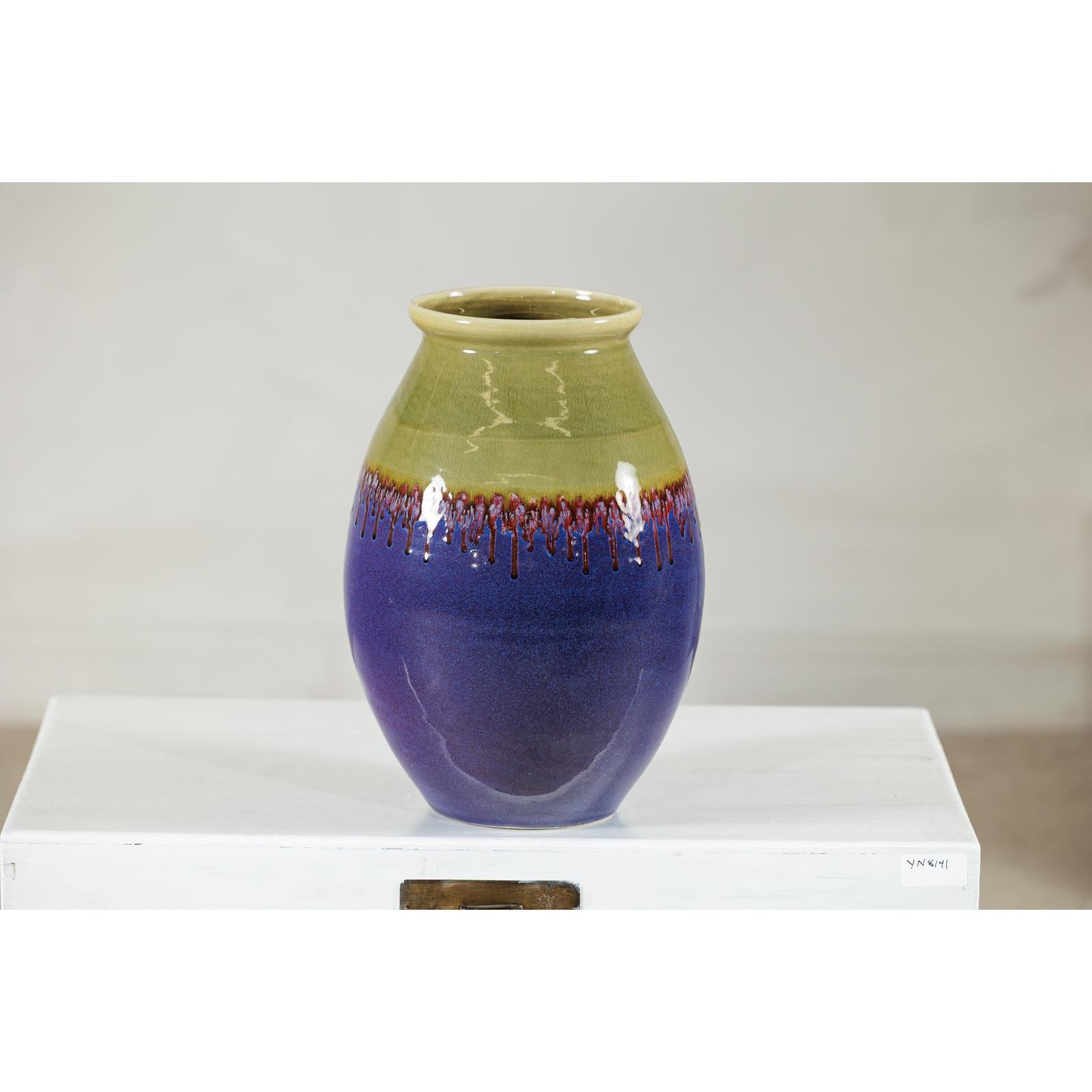 Artisan Purple and Olive Green Glazed Ceramic Ovoid Vase with Drip Detail-10. Asian &amp; Chinese Furniture, Art, Antiques, Vintage Home Décor for sale at FEA Home