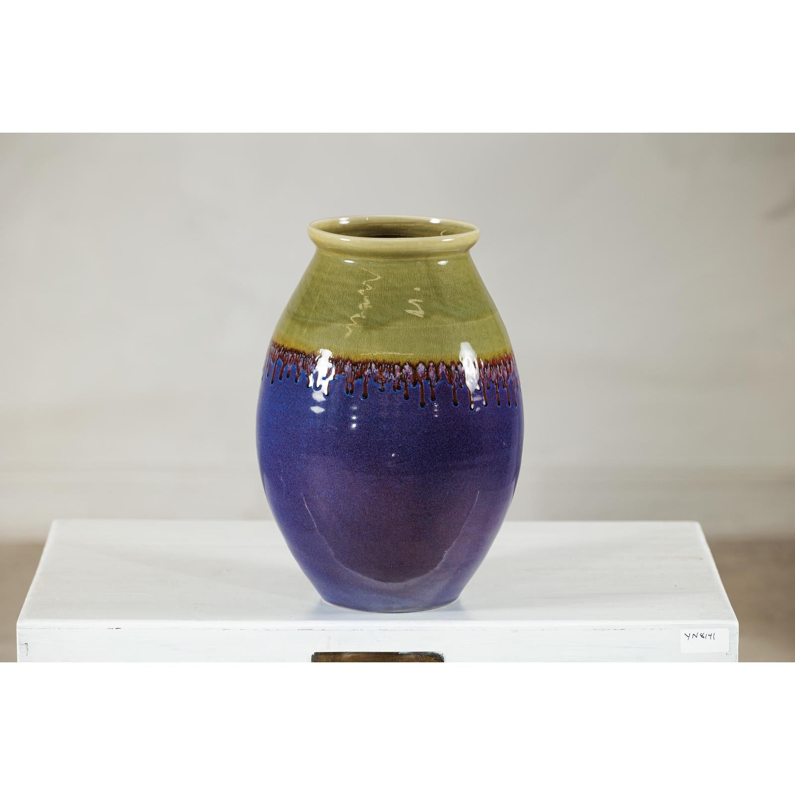 Artisan Purple and Olive Green Glazed Ceramic Ovoid Vase with Drip Detail-11. Asian &amp; Chinese Furniture, Art, Antiques, Vintage Home Décor for sale at FEA Home