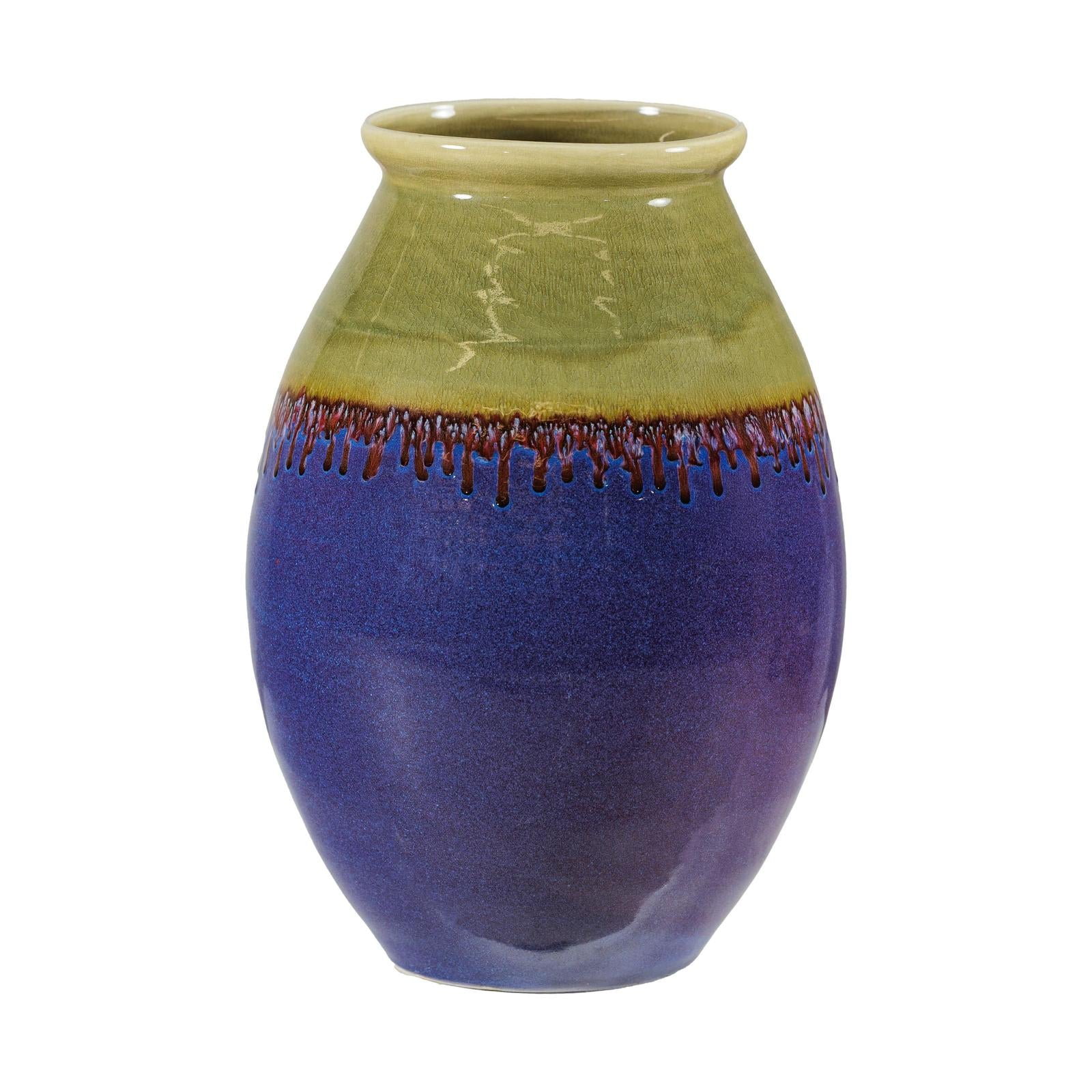 Artisan Purple and Olive Green Glazed Ceramic Ovoid Vase with Drip Detail-13. Asian &amp; Chinese Furniture, Art, Antiques, Vintage Home Décor for sale at FEA Home