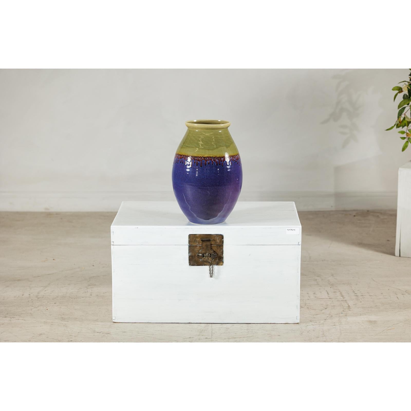 Artisan Purple and Olive Green Glazed Ceramic Ovoid Vase with Drip Detail-2. Asian & Chinese Furniture, Art, Antiques, Vintage Home Décor for sale at FEA Home