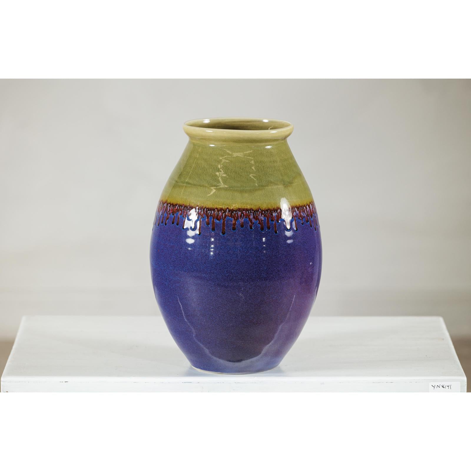 Artisan Purple and Olive Green Glazed Ceramic Ovoid Vase with Drip Detail-3. Asian &amp; Chinese Furniture, Art, Antiques, Vintage Home Décor for sale at FEA Home