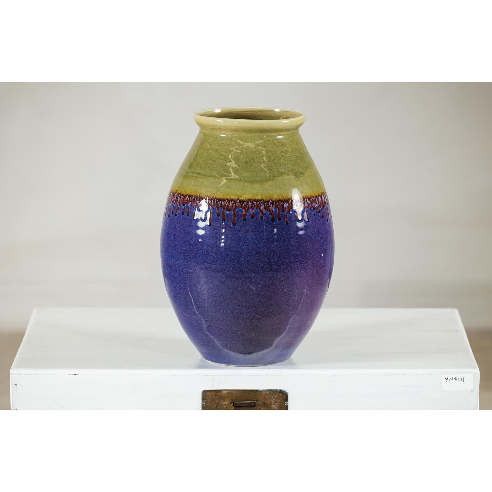 Artisan Purple and Olive Green Glazed Ceramic Ovoid Vase with Drip Detail-4. Asian &amp; Chinese Furniture, Art, Antiques, Vintage Home Décor for sale at FEA Home