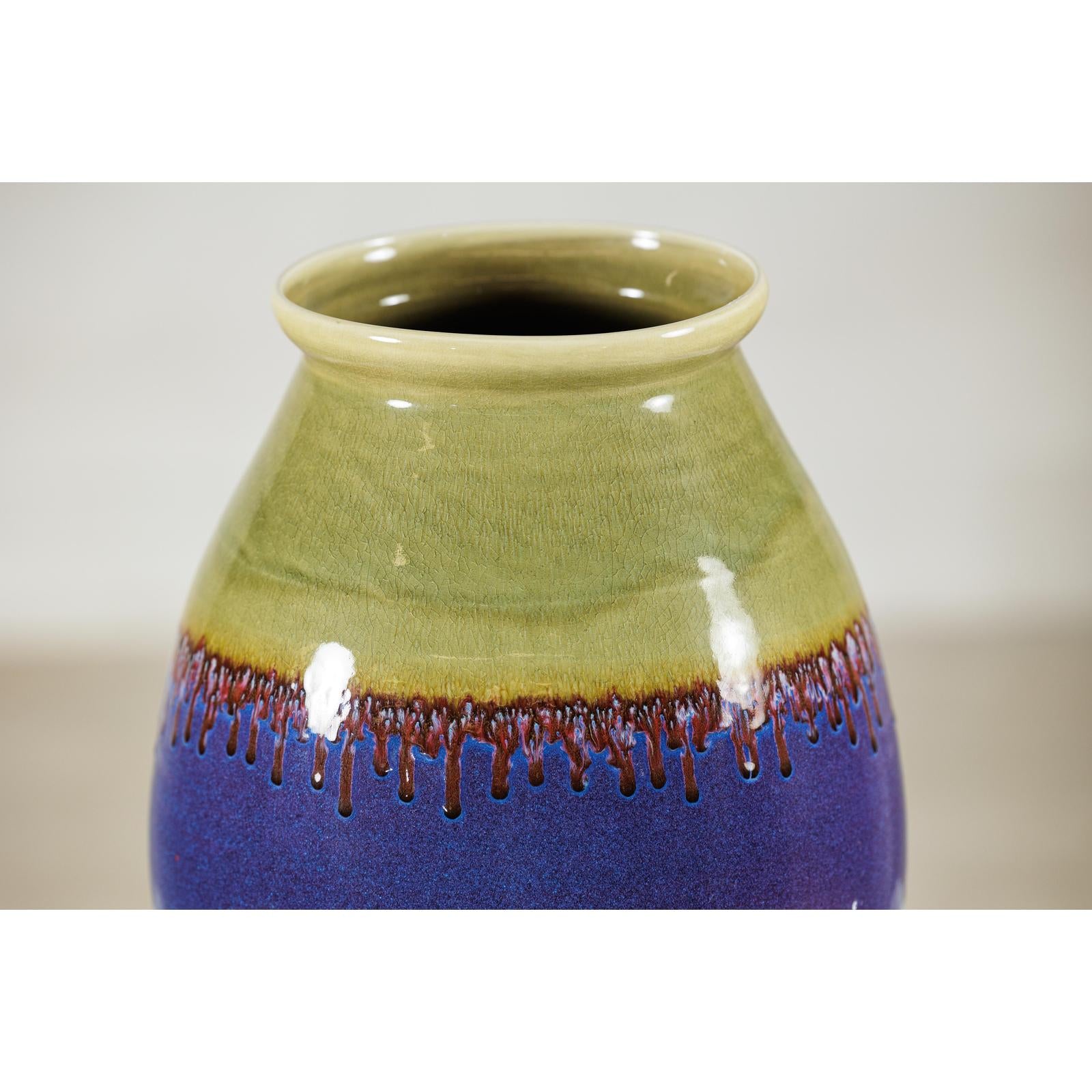 Artisan Purple and Olive Green Glazed Ceramic Ovoid Vase with Drip Detail-5. Asian &amp; Chinese Furniture, Art, Antiques, Vintage Home Décor for sale at FEA Home