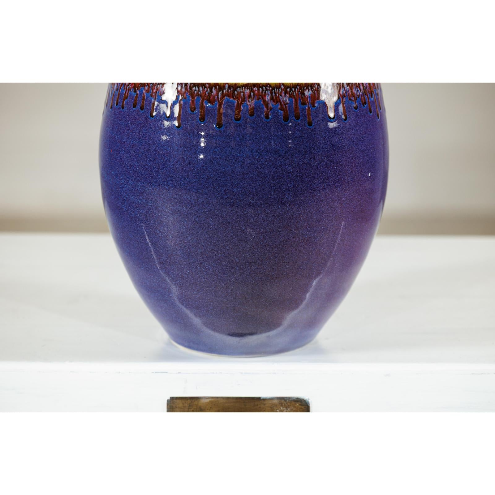 Artisan Purple and Olive Green Glazed Ceramic Ovoid Vase with Drip Detail-7. Asian &amp; Chinese Furniture, Art, Antiques, Vintage Home Décor for sale at FEA Home