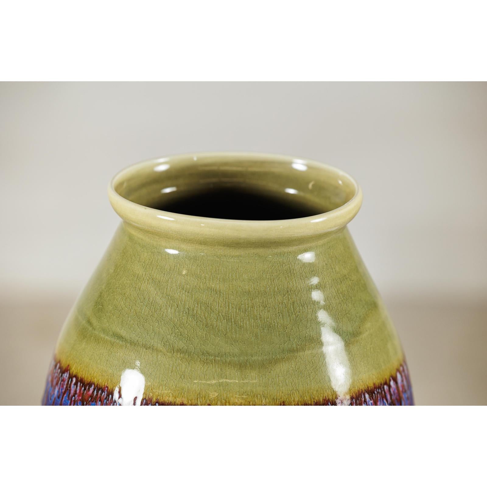 Artisan Purple and Olive Green Glazed Ceramic Ovoid Vase with Drip Detail-8. Asian &amp; Chinese Furniture, Art, Antiques, Vintage Home Décor for sale at FEA Home