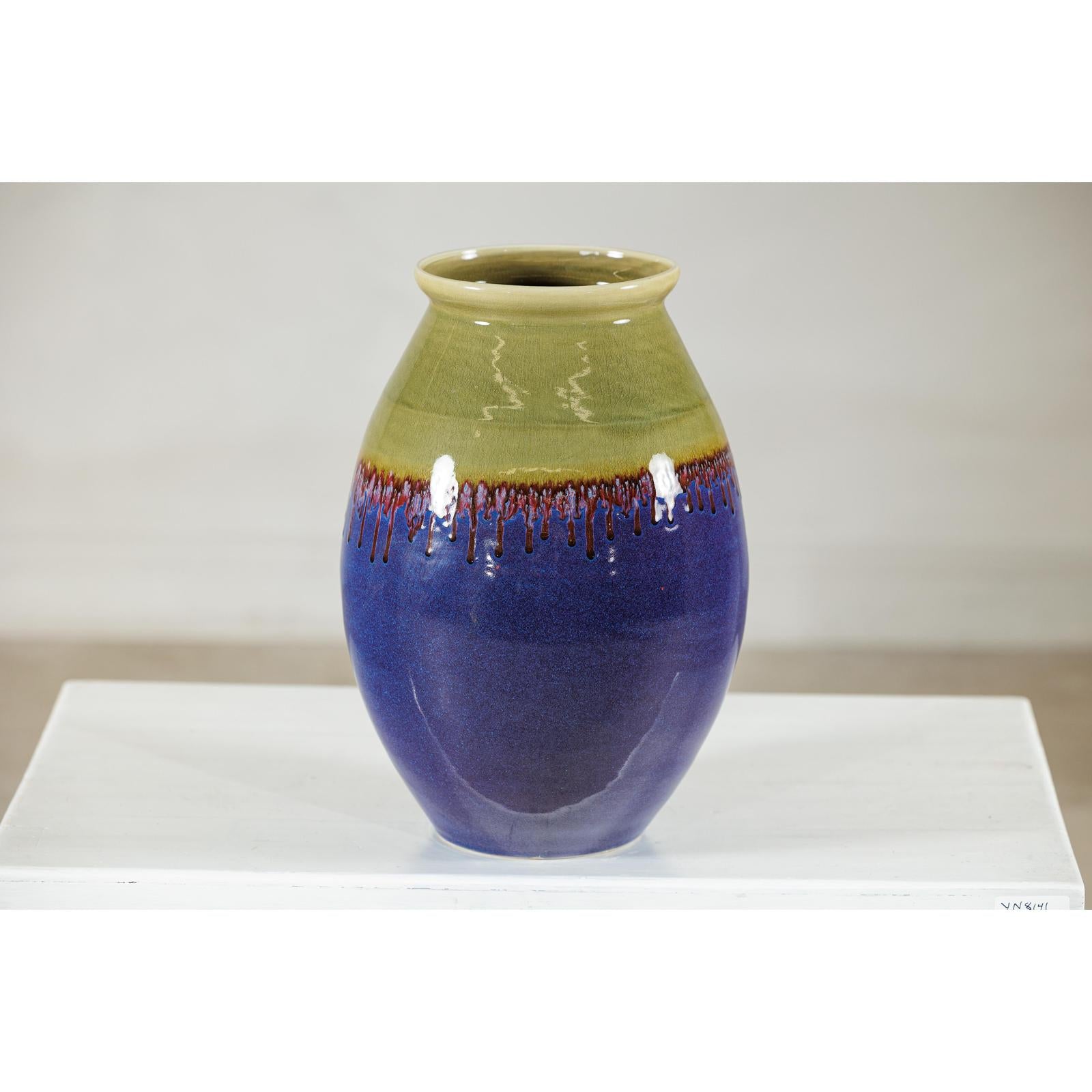 Artisan Purple and Olive Green Glazed Ceramic Ovoid Vase with Drip Detail-9. Asian &amp; Chinese Furniture, Art, Antiques, Vintage Home Décor for sale at FEA Home