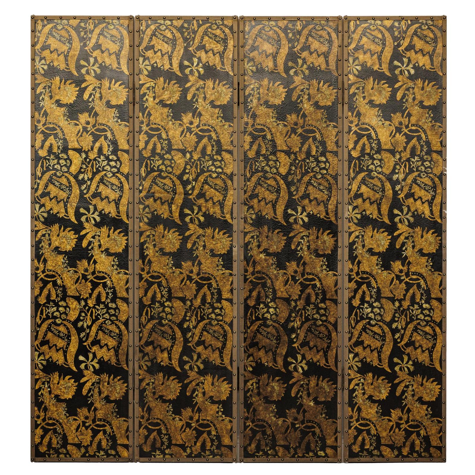 Black and Gold Four-Panel Screen Divider with Repeating Floral Motif-1. Asian & Chinese Furniture, Art, Antiques, Vintage Home Décor for sale at FEA Home