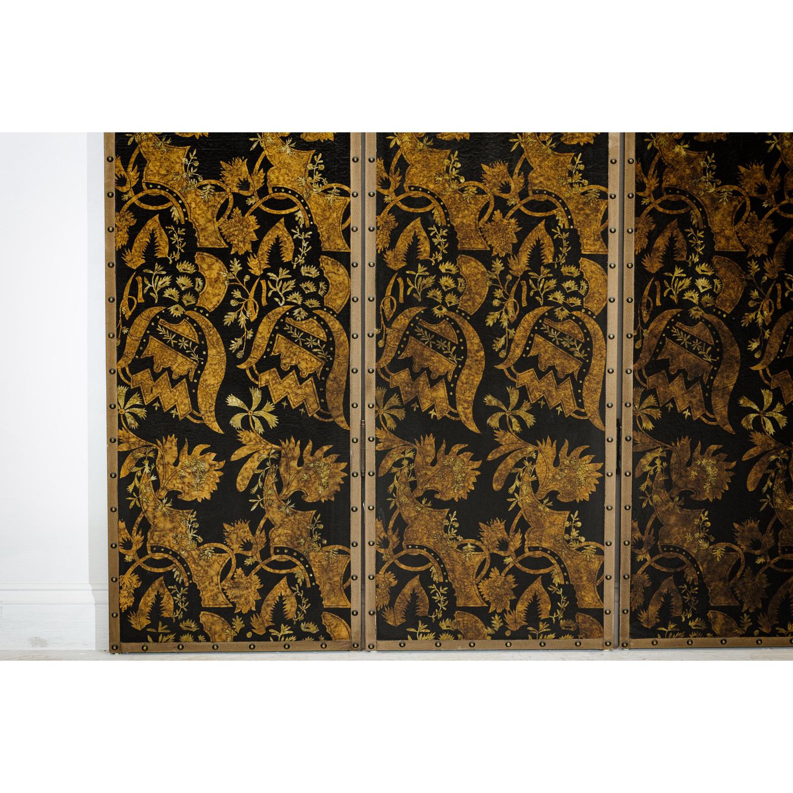Black and Gold Four-Panel Screen Divider with Repeating Floral Motif-11. Asian &amp; Chinese Furniture, Art, Antiques, Vintage Home Décor for sale at FEA Home