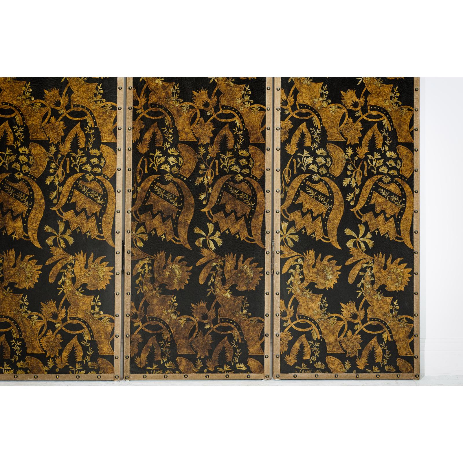 Black and Gold Four-Panel Screen Divider with Repeating Floral Motif-12. Asian &amp; Chinese Furniture, Art, Antiques, Vintage Home Décor for sale at FEA Home