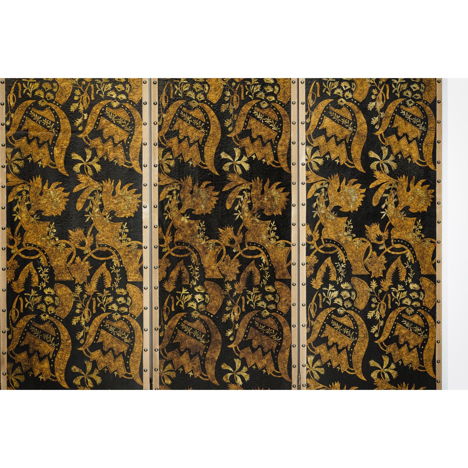 Black and Gold Four-Panel Screen Divider with Repeating Floral Motif-13. Asian &amp; Chinese Furniture, Art, Antiques, Vintage Home Décor for sale at FEA Home