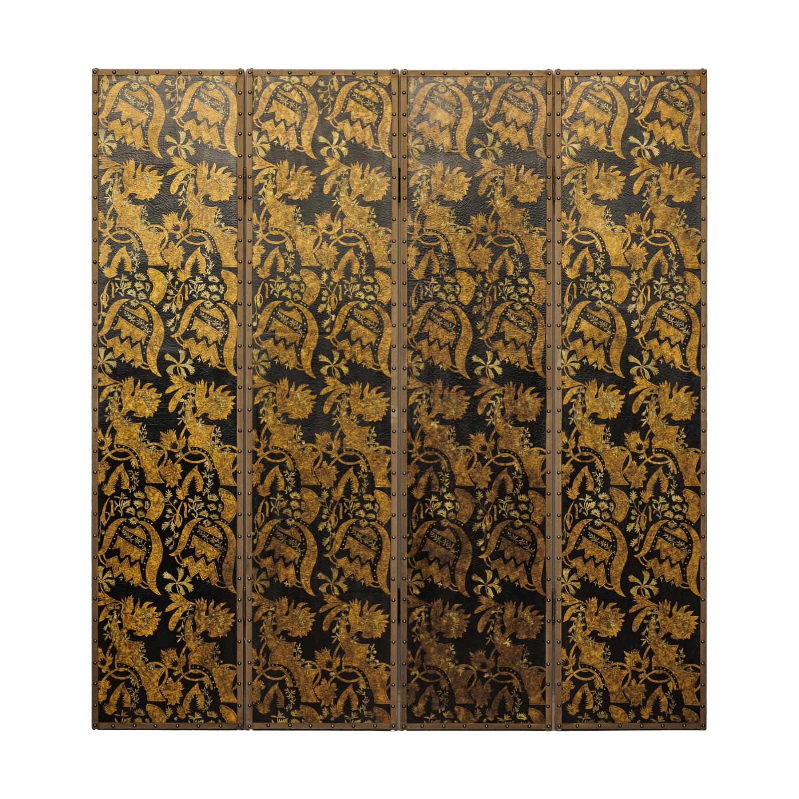 Black and Gold Four-Panel Screen Divider with Repeating Floral Motif-16. Asian &amp; Chinese Furniture, Art, Antiques, Vintage Home Décor for sale at FEA Home