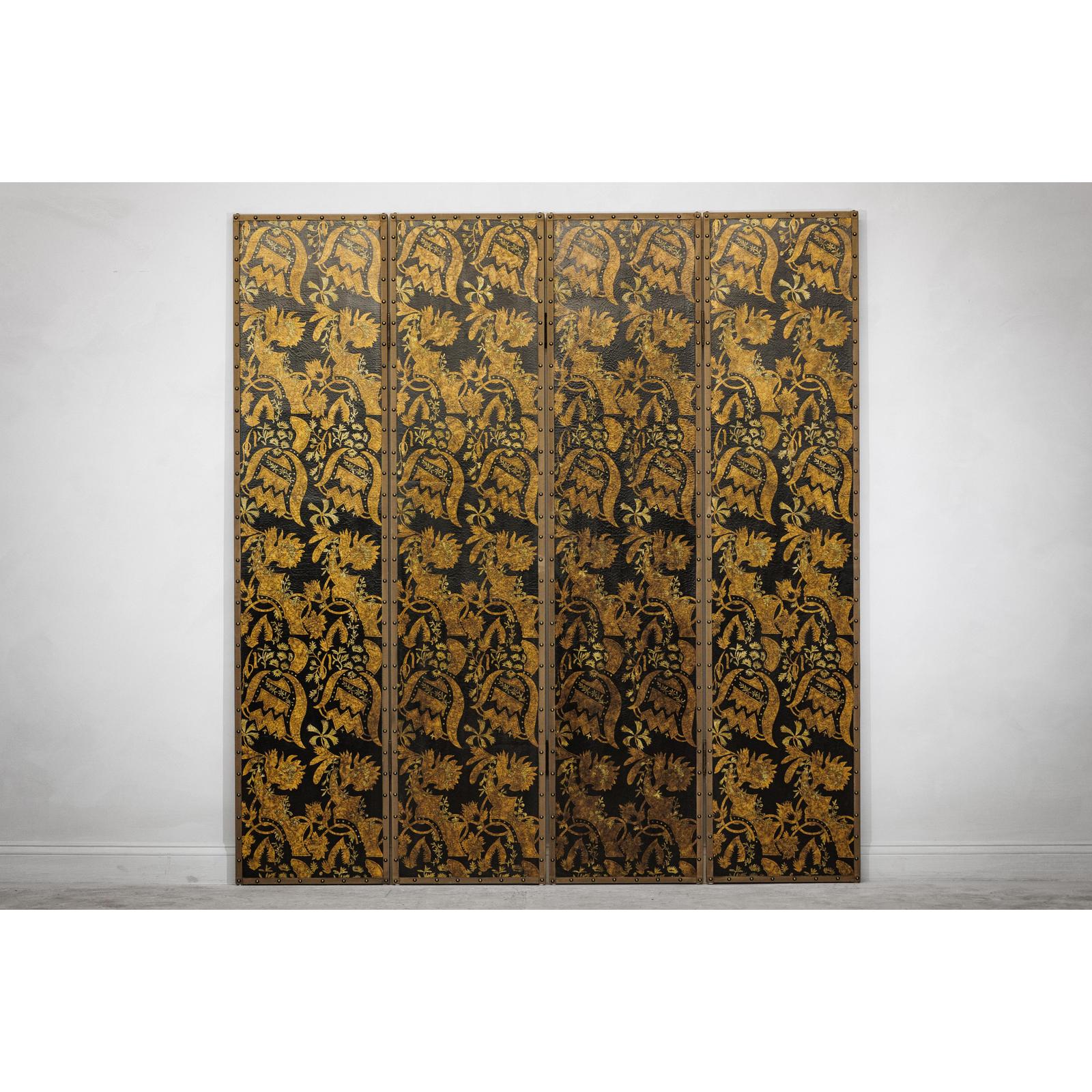 Black and Gold Four-Panel Screen Divider with Repeating Floral Motif-2. Asian & Chinese Furniture, Art, Antiques, Vintage Home Décor for sale at FEA Home