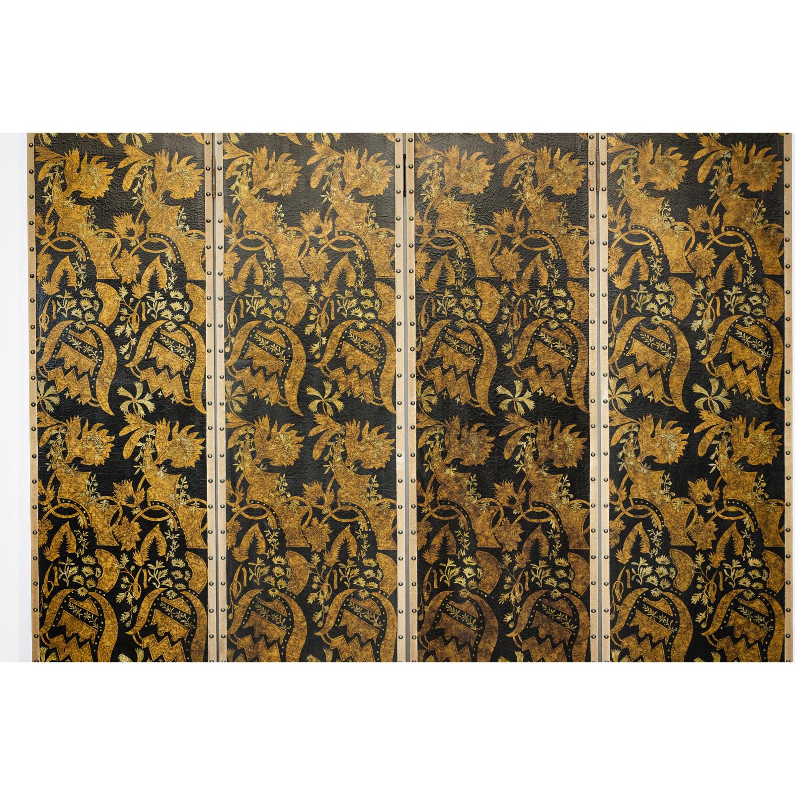 Black and Gold Four-Panel Screen Divider with Repeating Floral Motif-5. Asian &amp; Chinese Furniture, Art, Antiques, Vintage Home Décor for sale at FEA Home