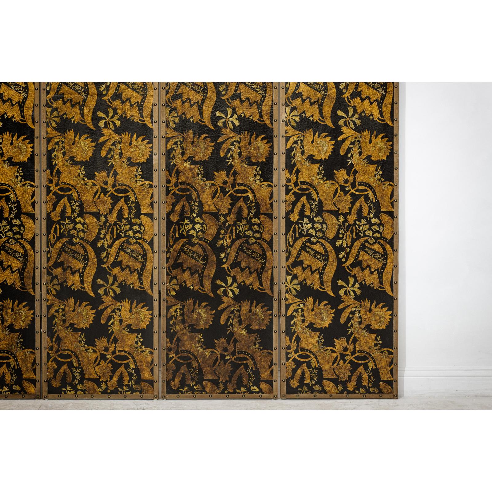 Black and Gold Four-Panel Screen Divider with Repeating Floral Motif-7. Asian &amp; Chinese Furniture, Art, Antiques, Vintage Home Décor for sale at FEA Home