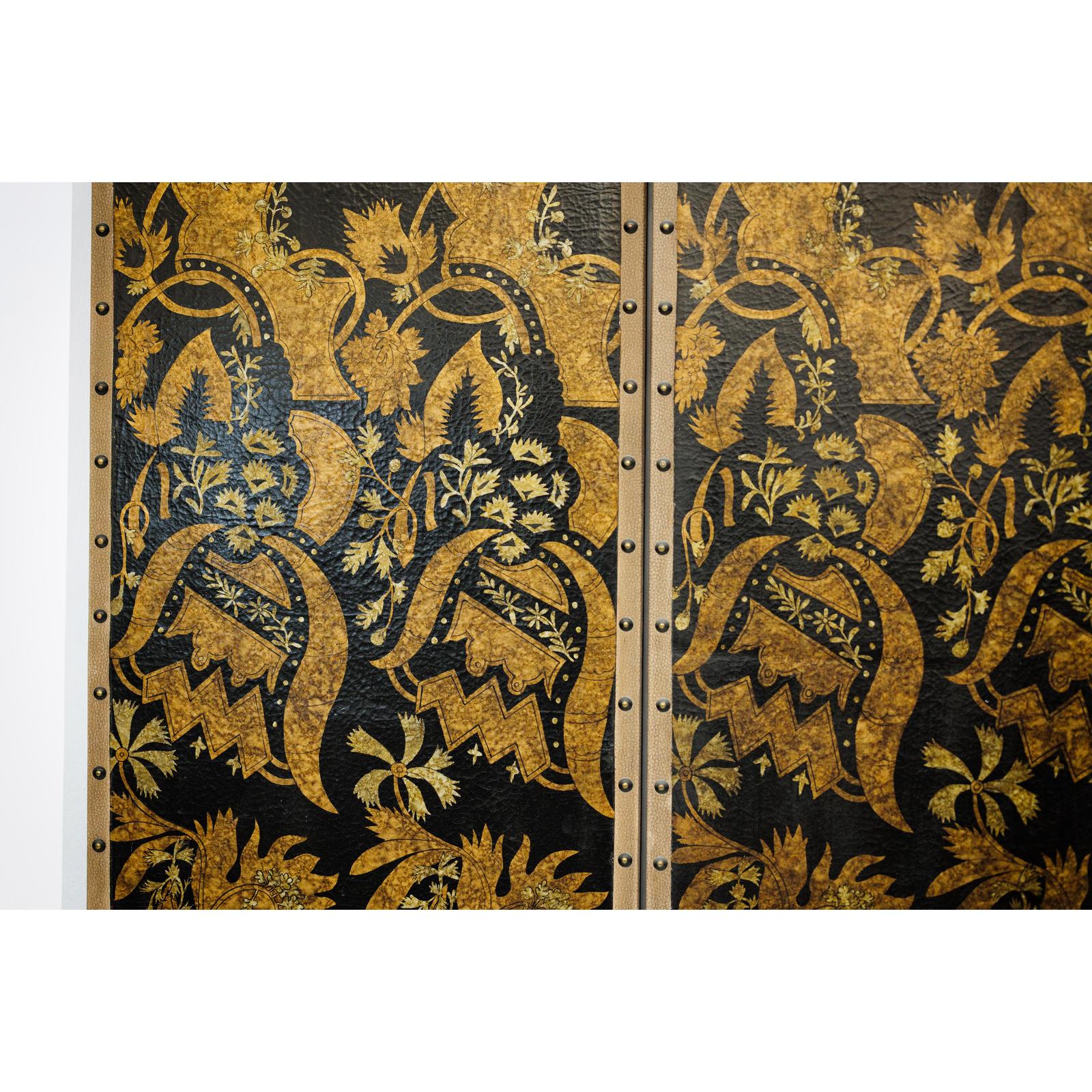 Black and Gold Four-Panel Screen Divider with Repeating Floral Motif-9. Asian &amp; Chinese Furniture, Art, Antiques, Vintage Home Décor for sale at FEA Home