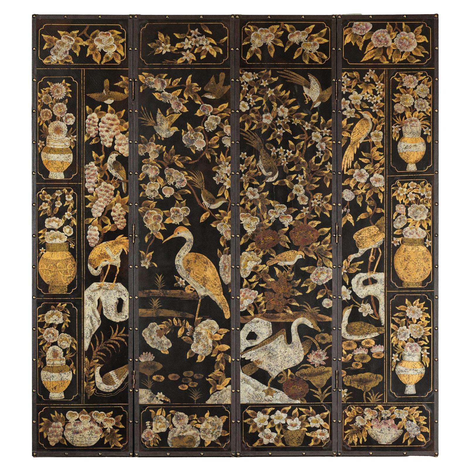 Black and Gold Four-Panel Screen with Cranes, Blossoms, and Nailhead Detail-1. Asian & Chinese Furniture, Art, Antiques, Vintage Home Décor for sale at FEA Home
