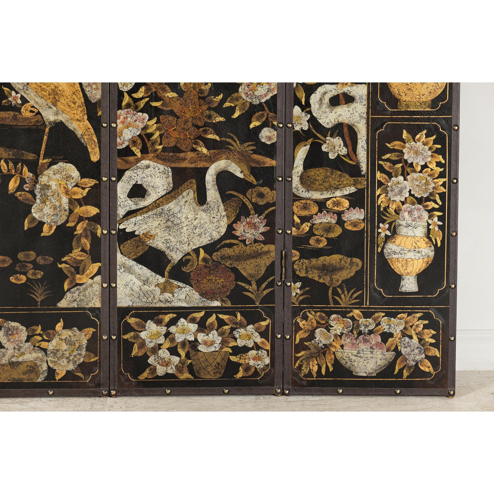 Black and Gold Four-Panel Screen with Cranes, Blossoms, and Nailhead Detail-10. Asian &amp; Chinese Furniture, Art, Antiques, Vintage Home Décor for sale at FEA Home