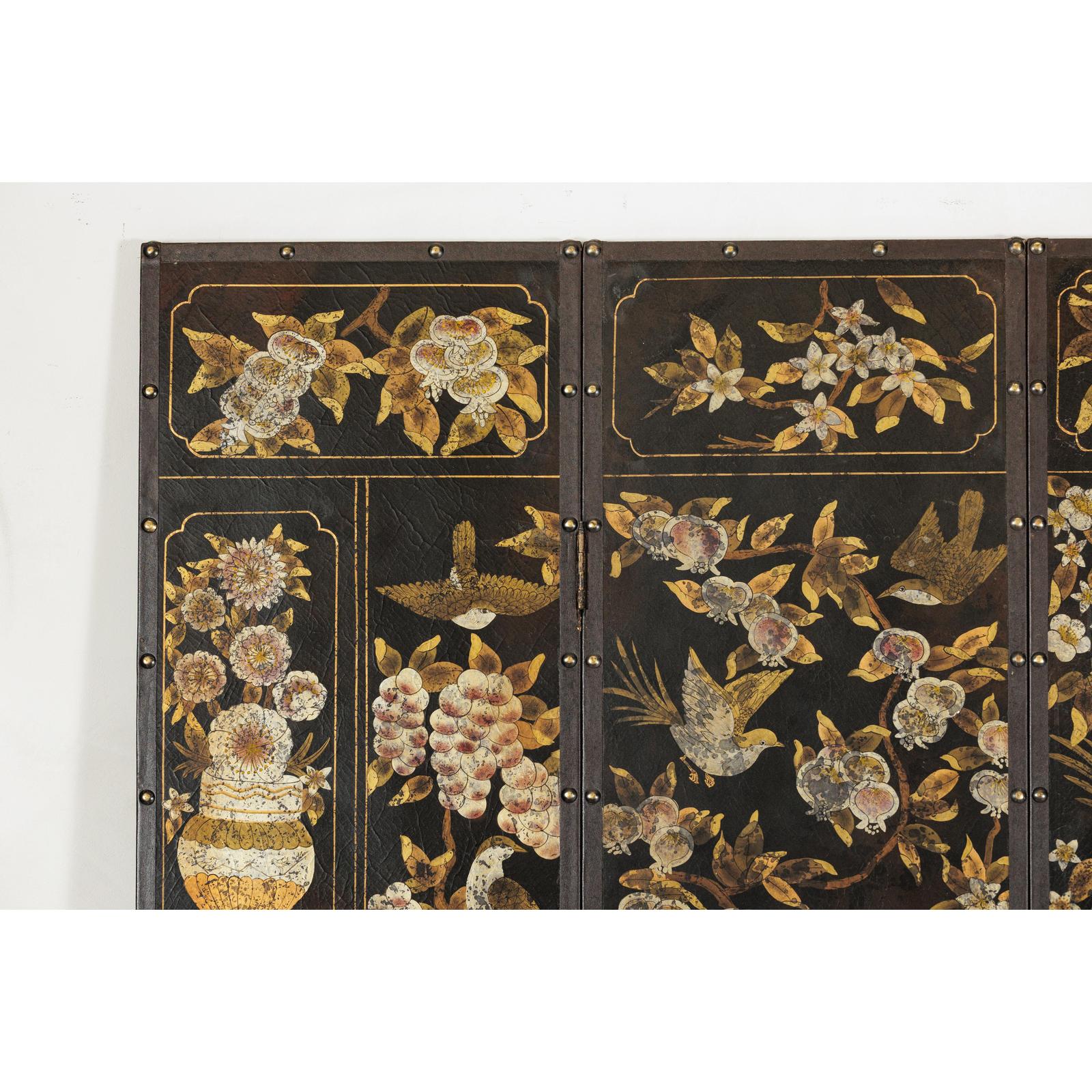 Black and Gold Four-Panel Screen with Cranes, Blossoms, and Nailhead Detail-11. Asian &amp; Chinese Furniture, Art, Antiques, Vintage Home Décor for sale at FEA Home