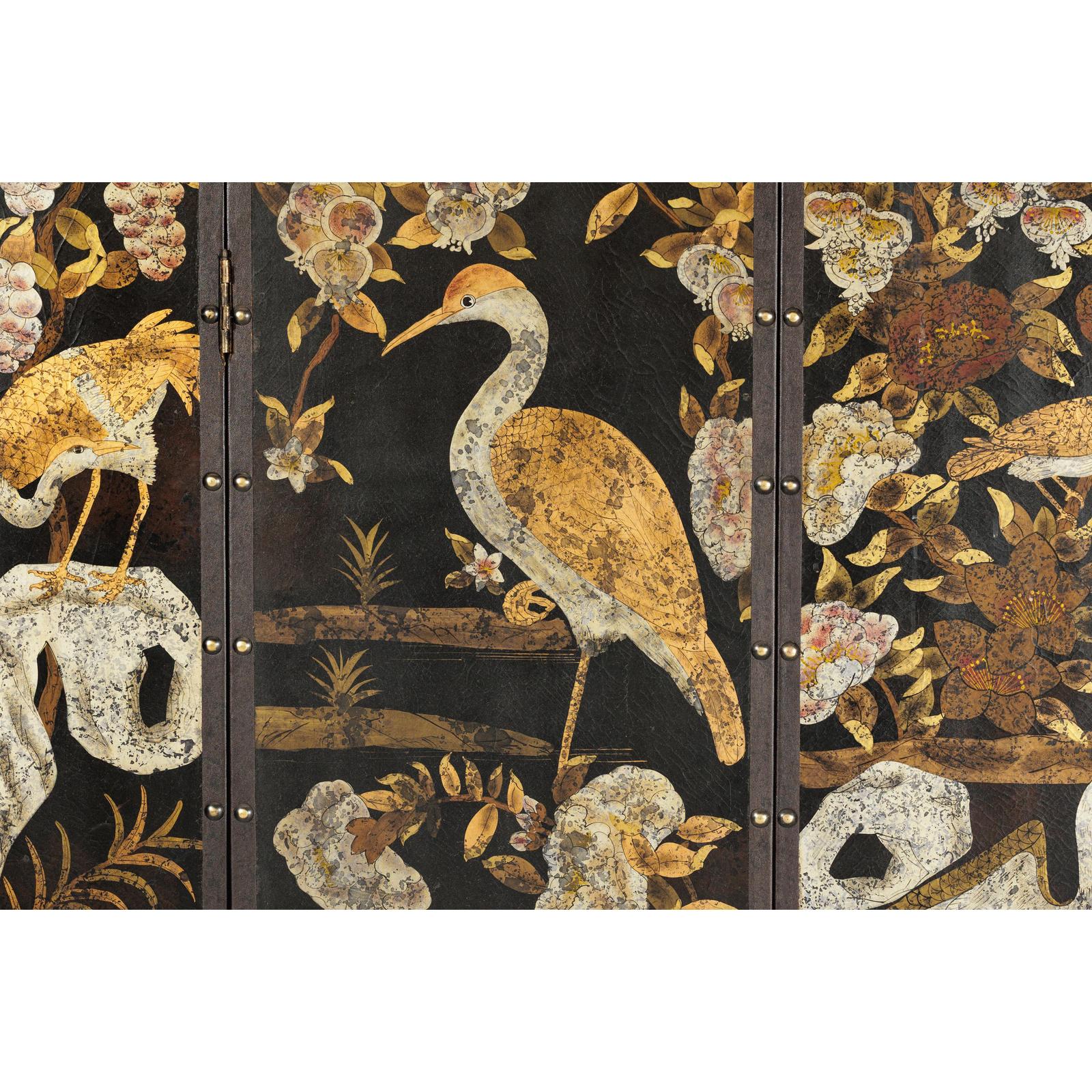 Black and Gold Four-Panel Screen with Cranes, Blossoms, and Nailhead Detail-12. Asian &amp; Chinese Furniture, Art, Antiques, Vintage Home Décor for sale at FEA Home