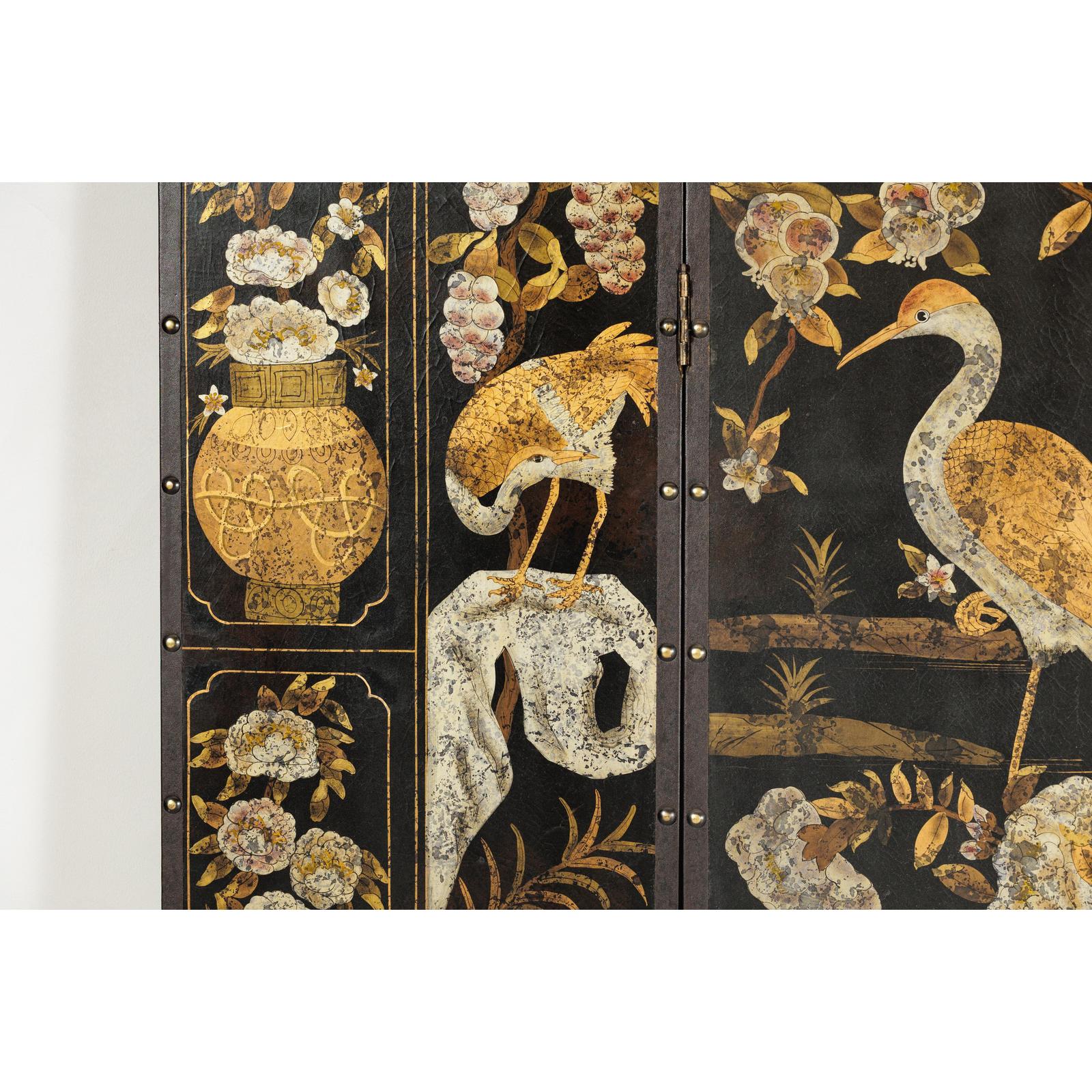 Black and Gold Four-Panel Screen with Cranes, Blossoms, and Nailhead Detail-13. Asian &amp; Chinese Furniture, Art, Antiques, Vintage Home Décor for sale at FEA Home