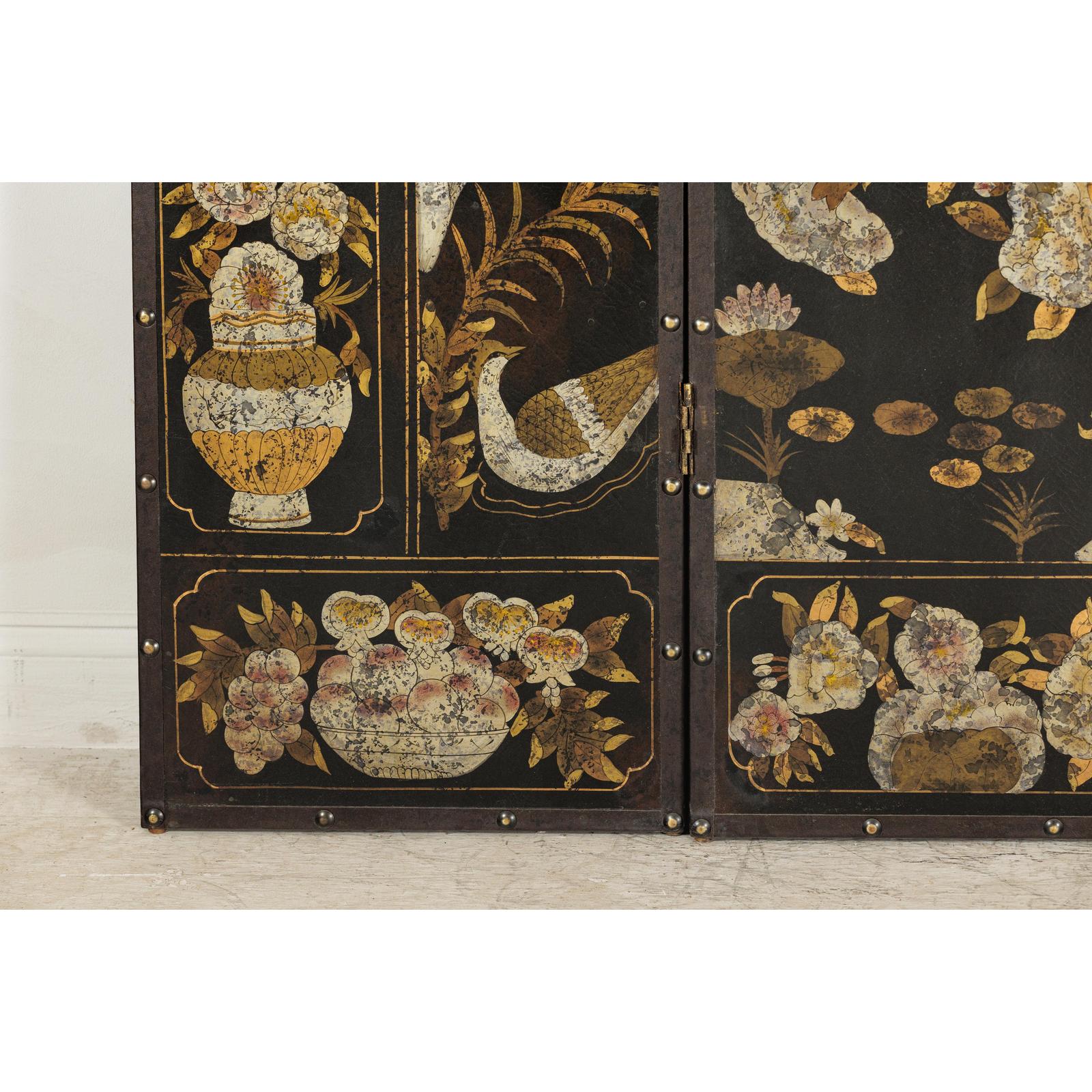Black and Gold Four-Panel Screen with Cranes, Blossoms, and Nailhead Detail-14. Asian &amp; Chinese Furniture, Art, Antiques, Vintage Home Décor for sale at FEA Home