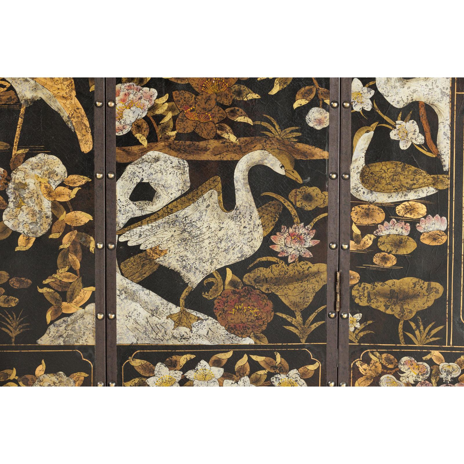 Black and Gold Four-Panel Screen with Cranes, Blossoms, and Nailhead Detail-15. Asian &amp; Chinese Furniture, Art, Antiques, Vintage Home Décor for sale at FEA Home