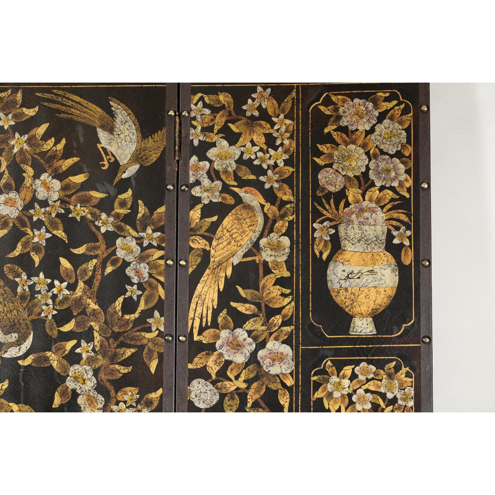 Black and Gold Four-Panel Screen with Cranes, Blossoms, and Nailhead Detail-16. Asian &amp; Chinese Furniture, Art, Antiques, Vintage Home Décor for sale at FEA Home