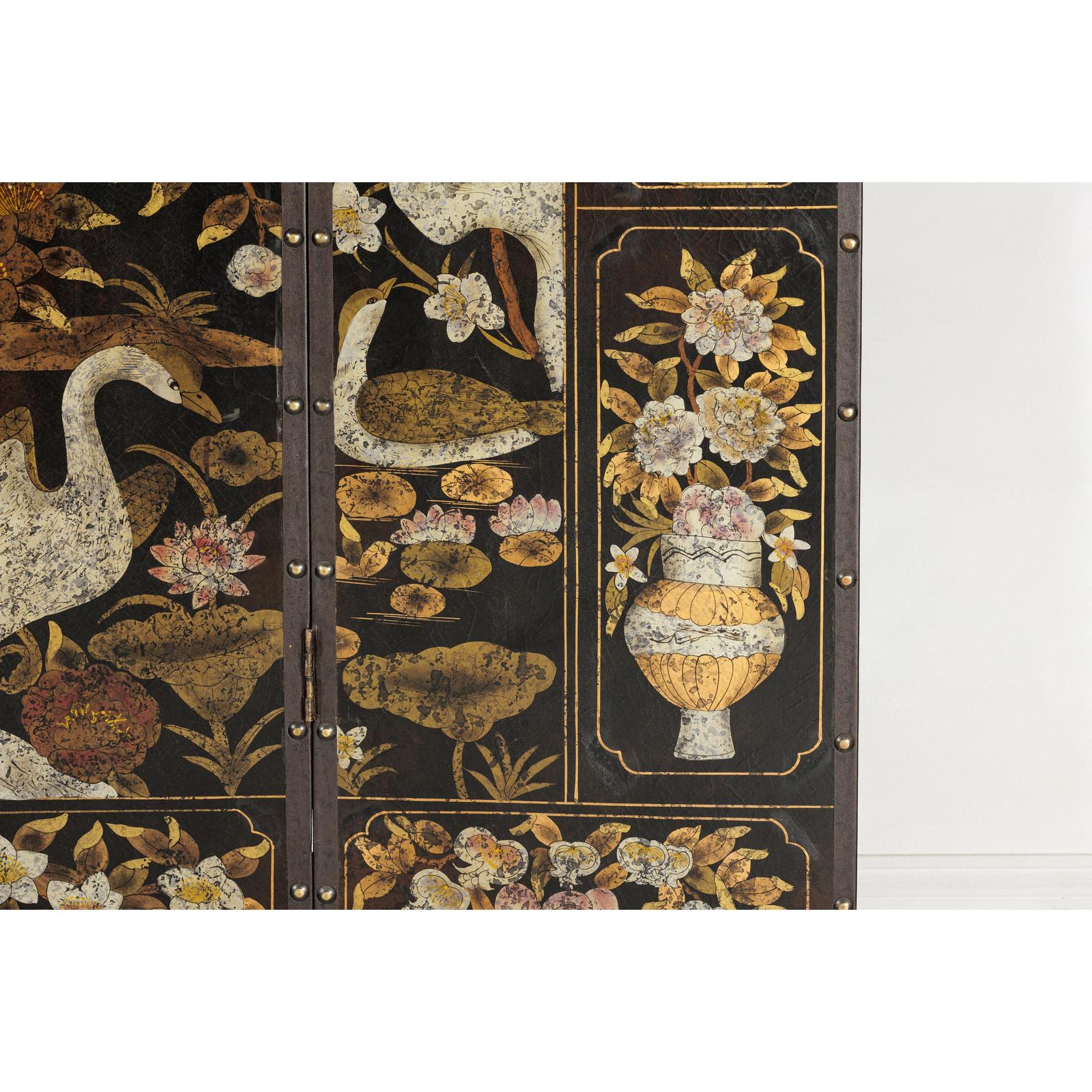 Black and Gold Four-Panel Screen with Cranes, Blossoms, and Nailhead Detail-17. Asian &amp; Chinese Furniture, Art, Antiques, Vintage Home Décor for sale at FEA Home