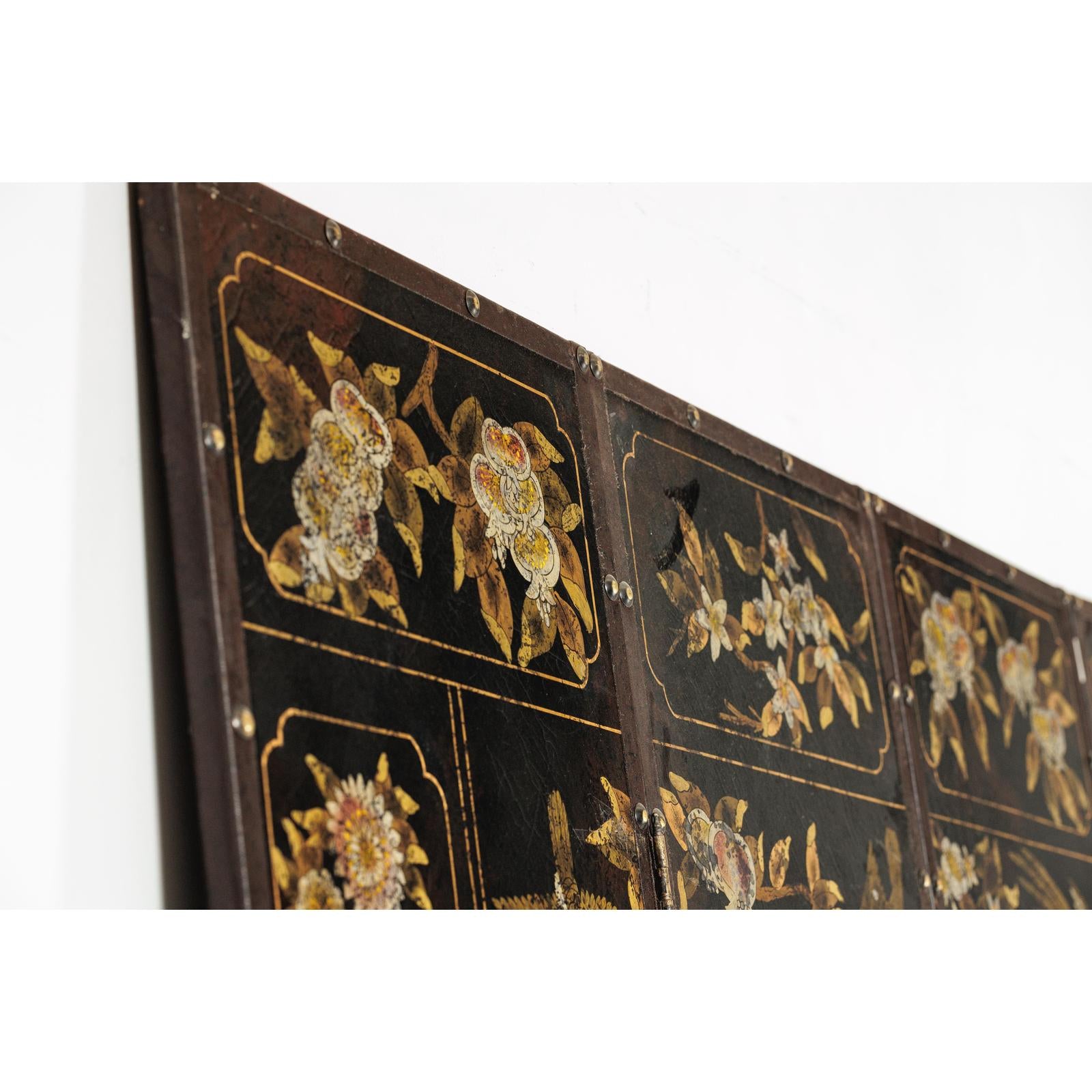 Black and Gold Four-Panel Screen with Cranes, Blossoms, and Nailhead Detail-18. Asian &amp; Chinese Furniture, Art, Antiques, Vintage Home Décor for sale at FEA Home