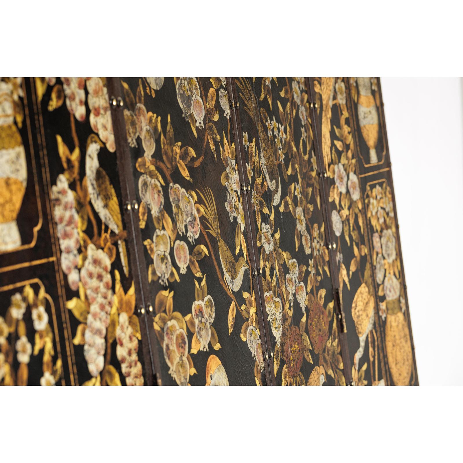 Black and Gold Four-Panel Screen with Cranes, Blossoms, and Nailhead Detail-19. Asian &amp; Chinese Furniture, Art, Antiques, Vintage Home Décor for sale at FEA Home