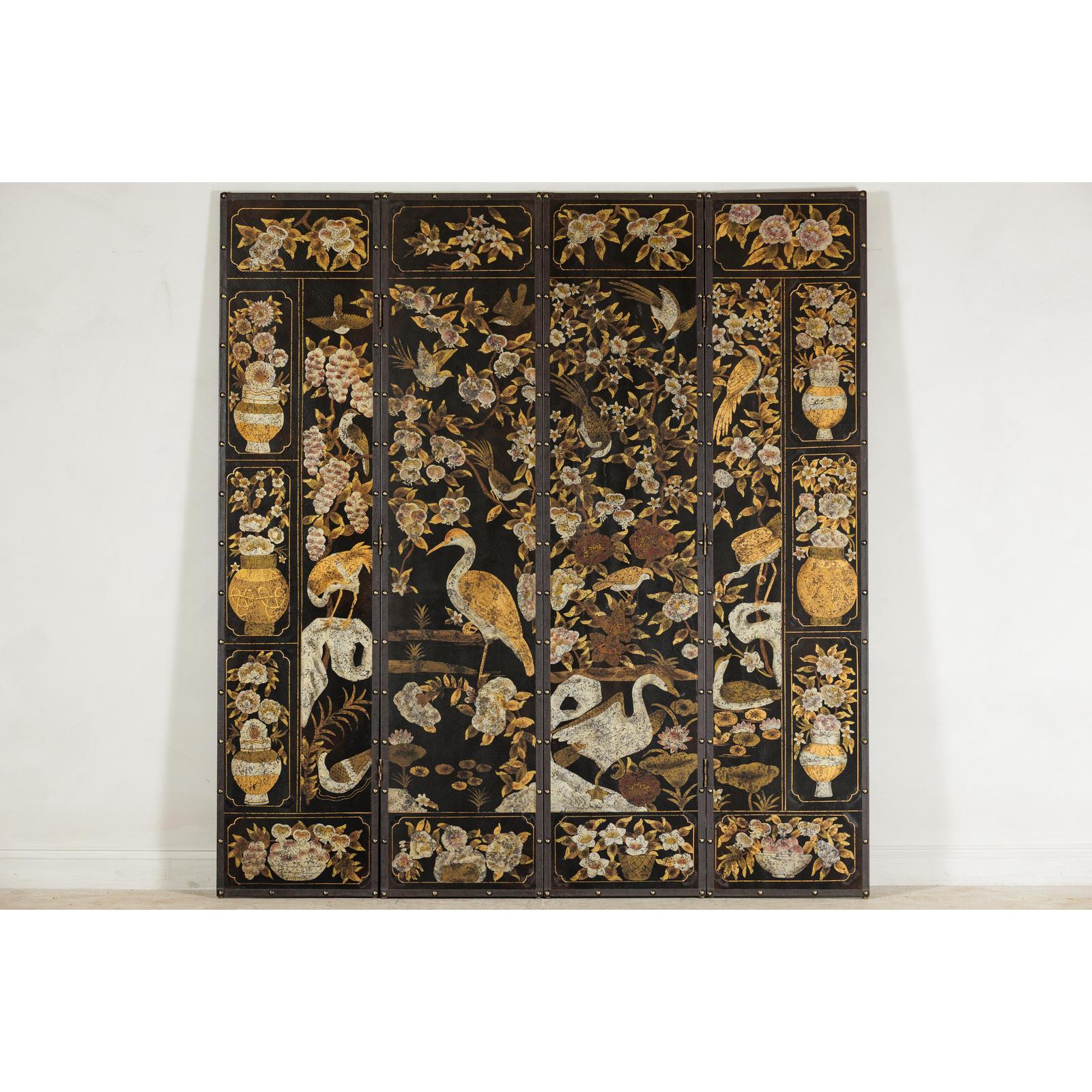 Black and Gold Four-Panel Screen with Cranes, Blossoms, and Nailhead Detail-2. Asian & Chinese Furniture, Art, Antiques, Vintage Home Décor for sale at FEA Home