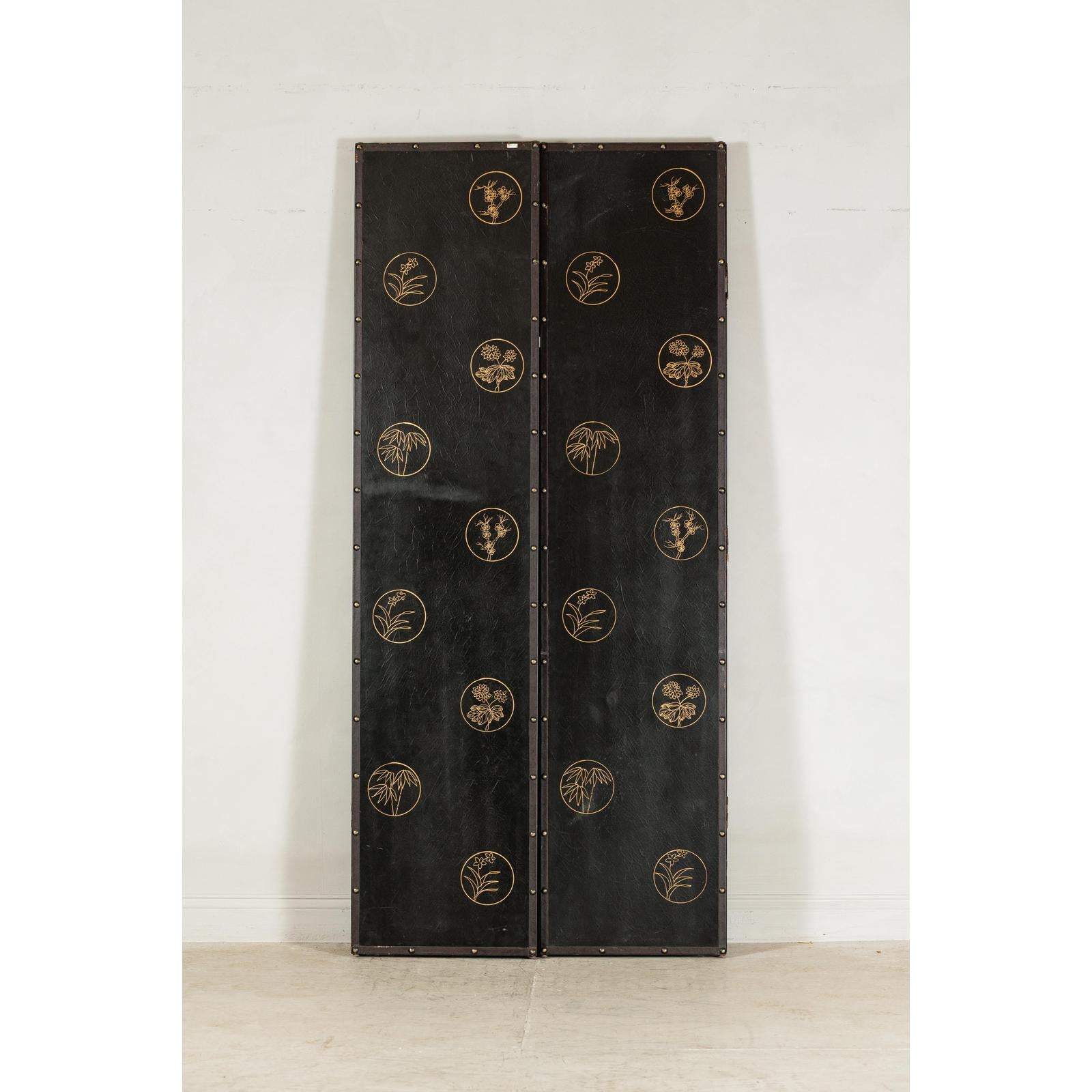 Black and Gold Four-Panel Screen with Cranes, Blossoms, and Nailhead Detail-20. Asian &amp; Chinese Furniture, Art, Antiques, Vintage Home Décor for sale at FEA Home