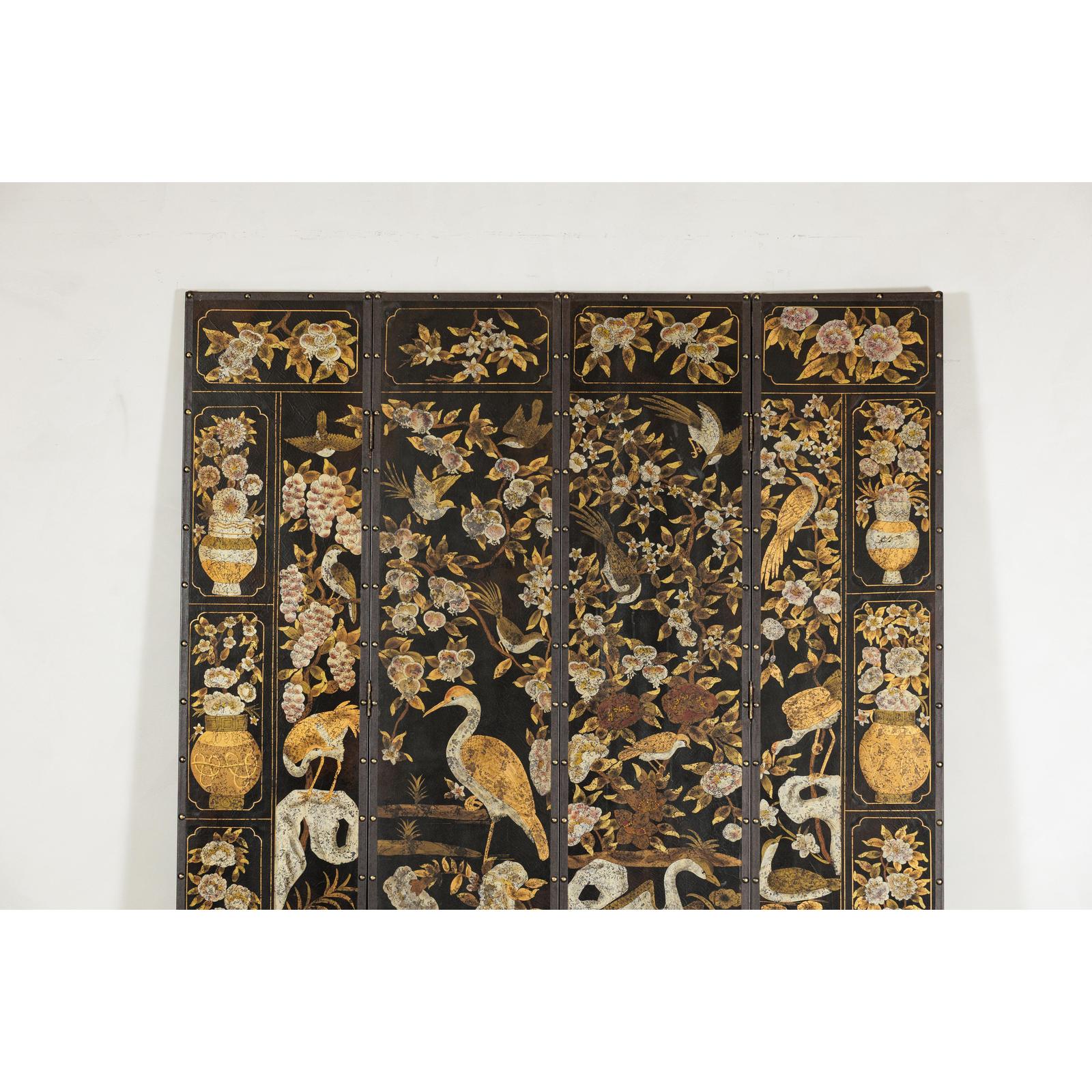 Black and Gold Four-Panel Screen with Cranes, Blossoms, and Nailhead Detail-3. Asian &amp; Chinese Furniture, Art, Antiques, Vintage Home Décor for sale at FEA Home