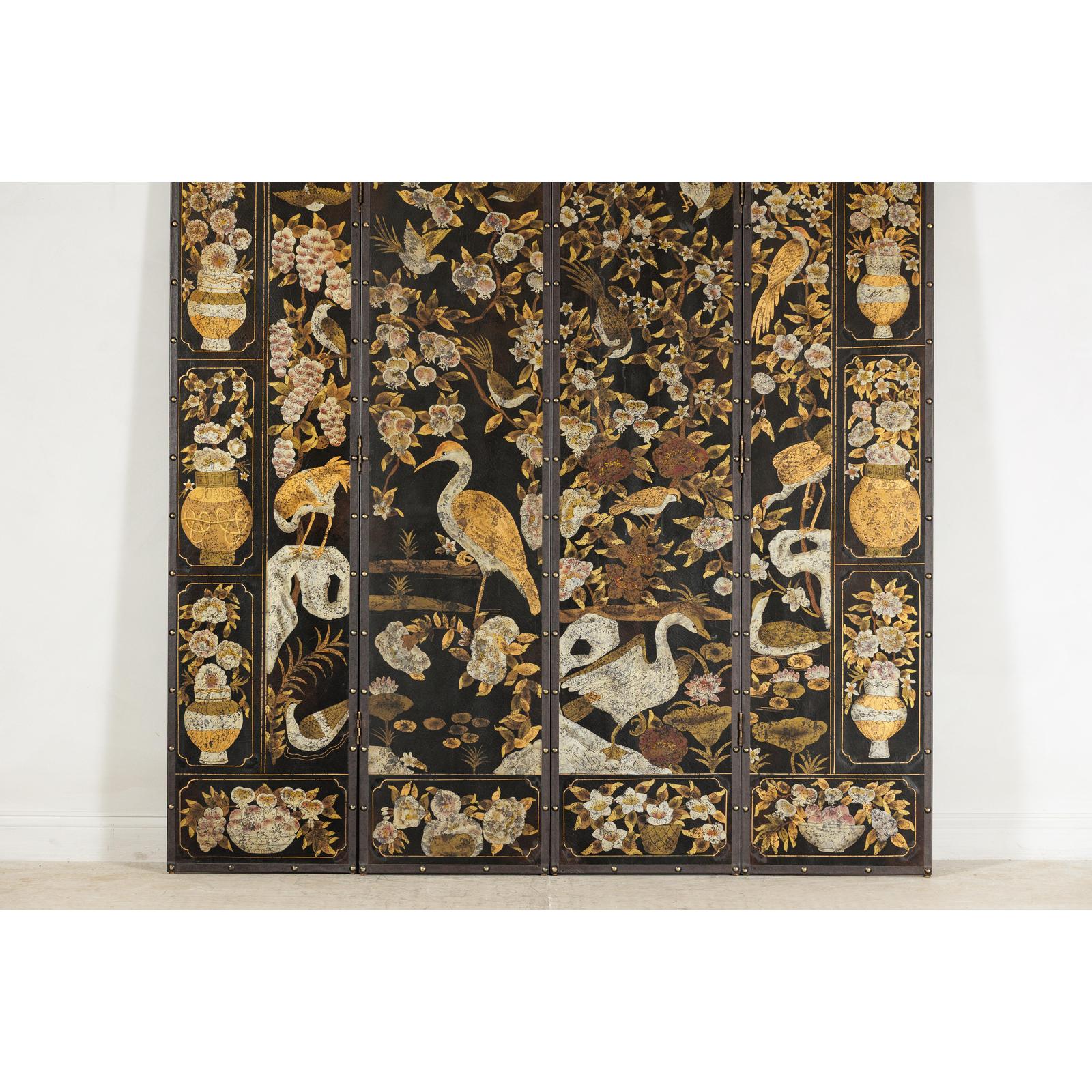 Black and Gold Four-Panel Screen with Cranes, Blossoms, and Nailhead Detail-4. Asian &amp; Chinese Furniture, Art, Antiques, Vintage Home Décor for sale at FEA Home