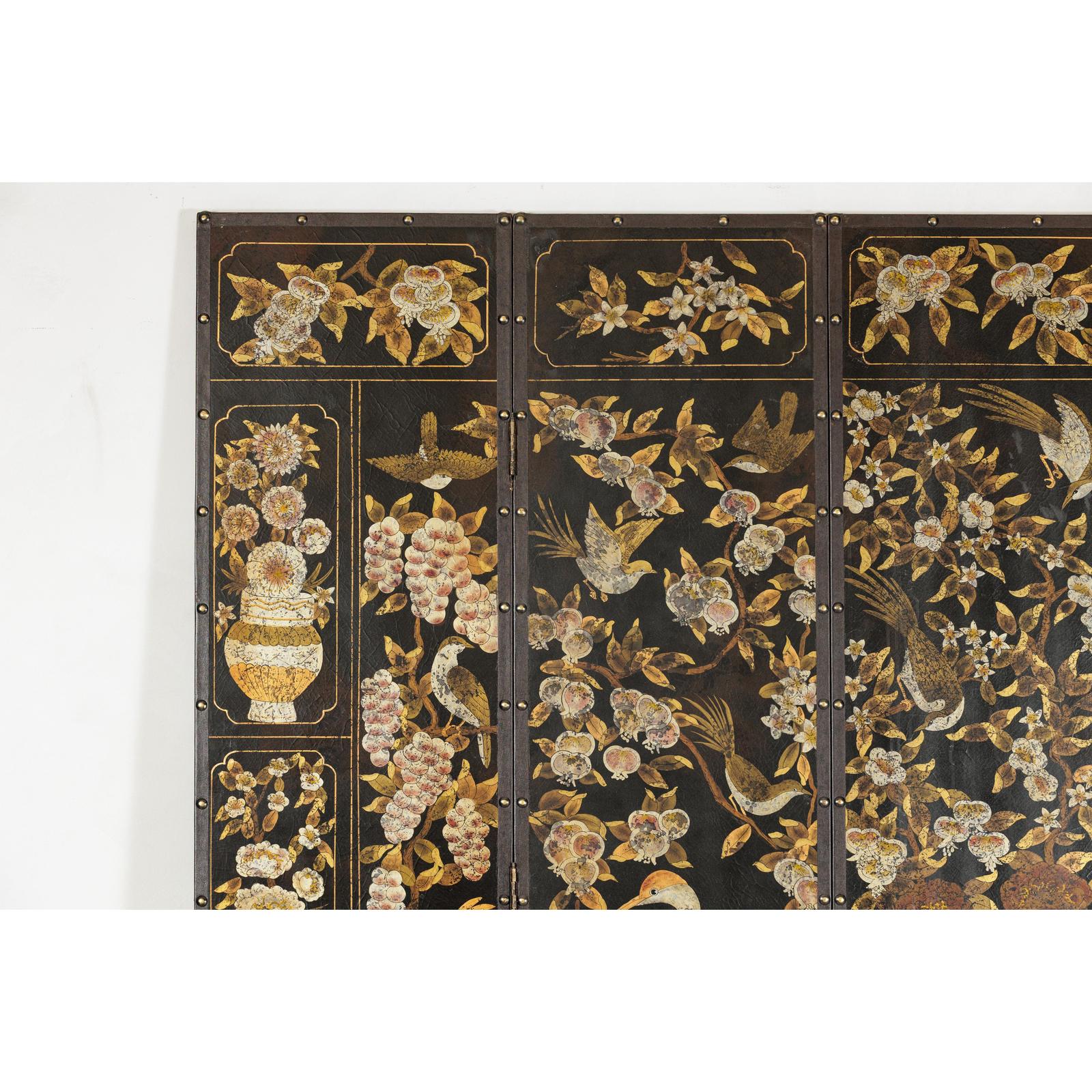Black and Gold Four-Panel Screen with Cranes, Blossoms, and Nailhead Detail-5. Asian &amp; Chinese Furniture, Art, Antiques, Vintage Home Décor for sale at FEA Home