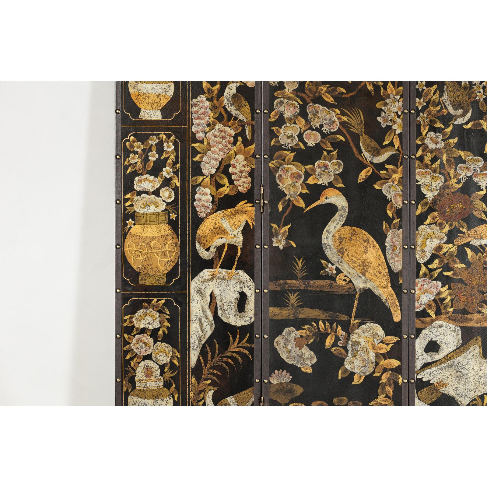 Black and Gold Four-Panel Screen with Cranes, Blossoms, and Nailhead Detail-6. Asian &amp; Chinese Furniture, Art, Antiques, Vintage Home Décor for sale at FEA Home