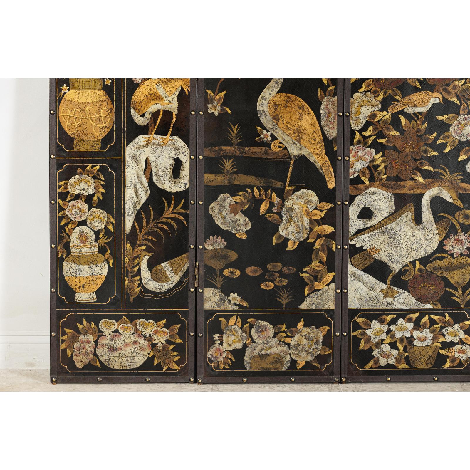 Black and Gold Four-Panel Screen with Cranes, Blossoms, and Nailhead Detail-7. Asian &amp; Chinese Furniture, Art, Antiques, Vintage Home Décor for sale at FEA Home