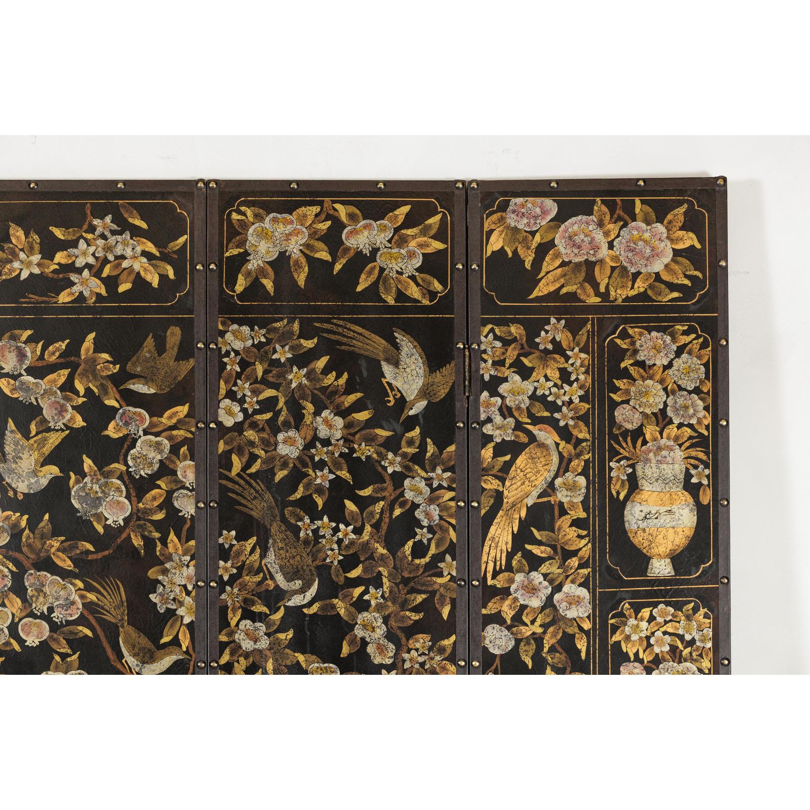 Black and Gold Four-Panel Screen with Cranes, Blossoms, and Nailhead Detail-8. Asian &amp; Chinese Furniture, Art, Antiques, Vintage Home Décor for sale at FEA Home