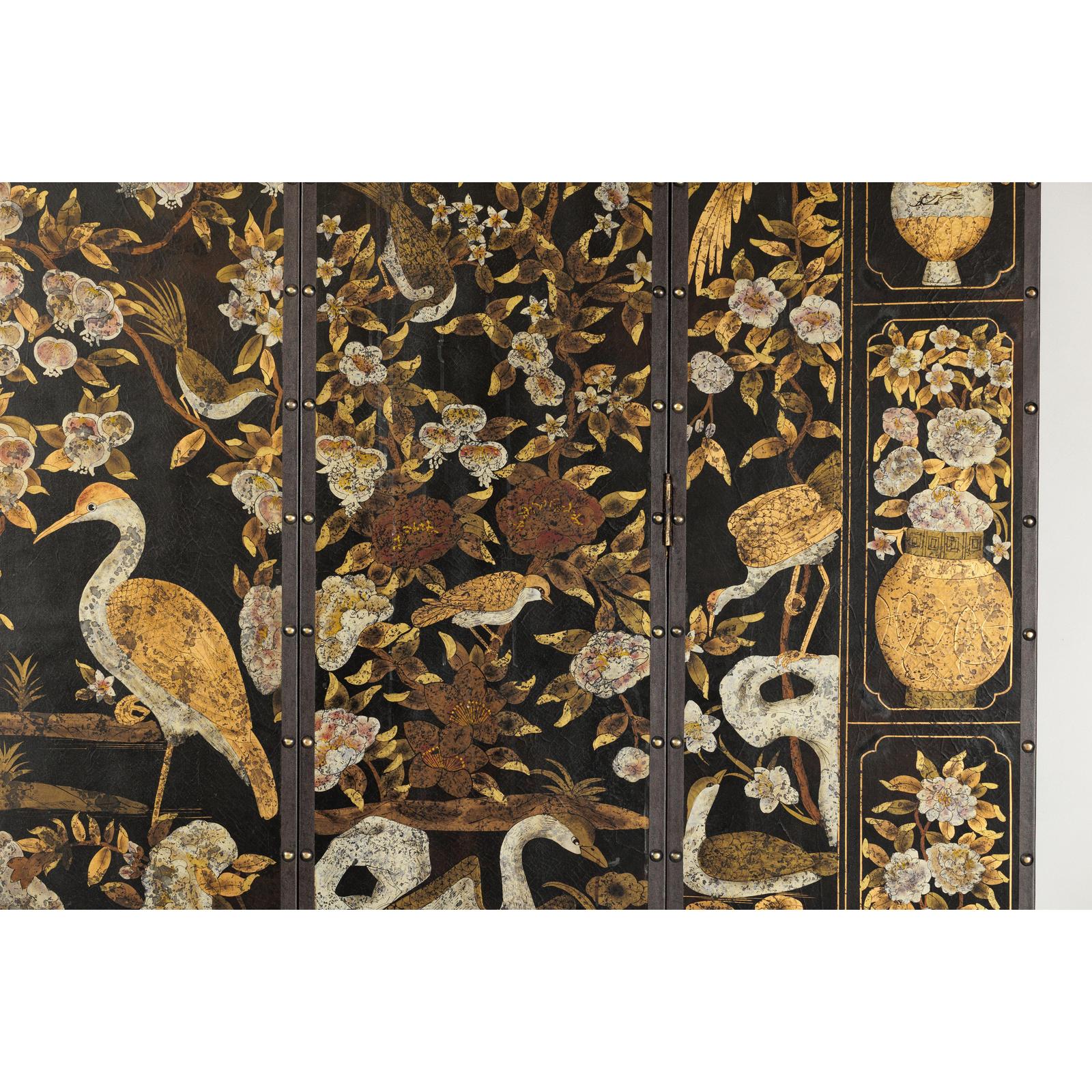 Black and Gold Four-Panel Screen with Cranes, Blossoms, and Nailhead Detail-9. Asian &amp; Chinese Furniture, Art, Antiques, Vintage Home Décor for sale at FEA Home