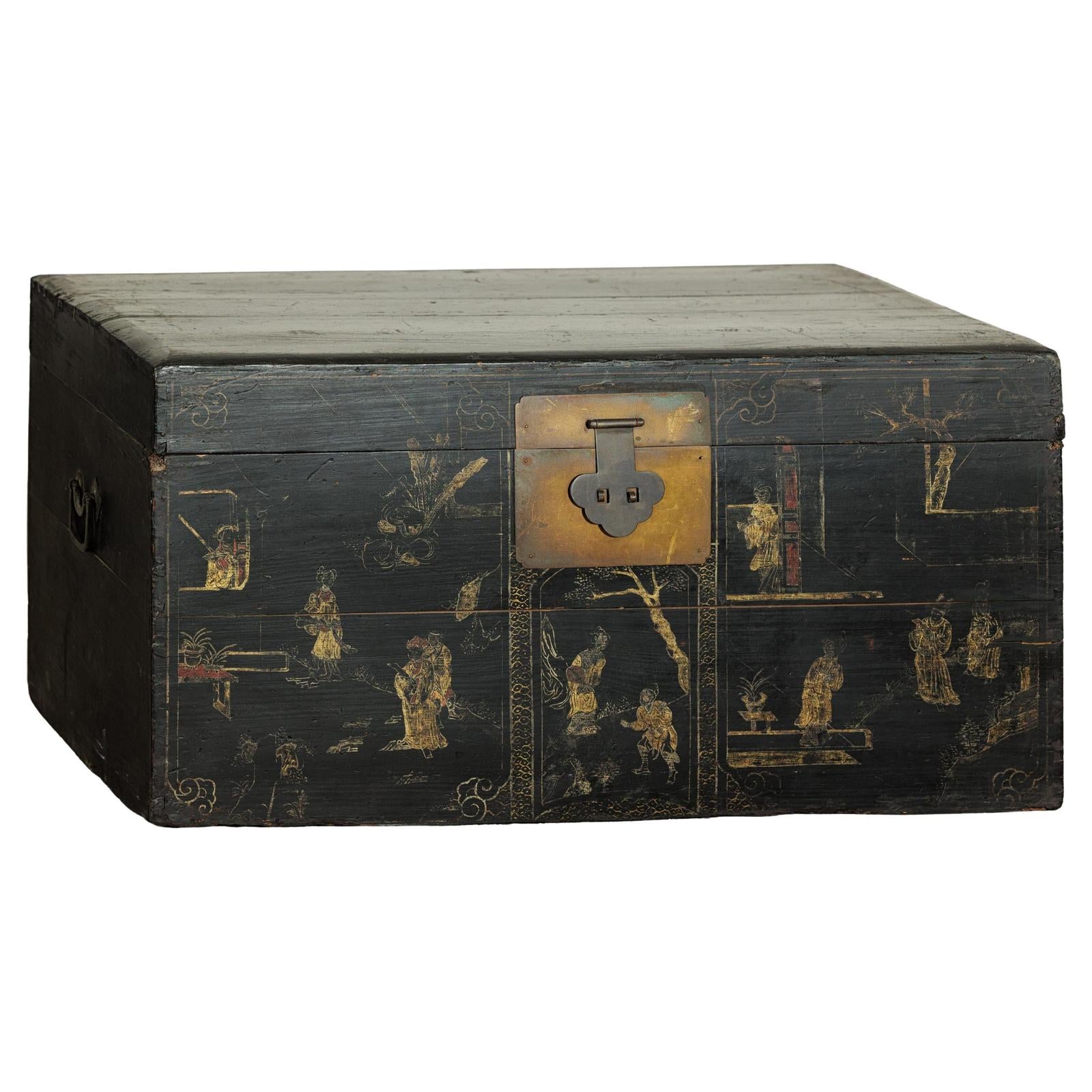 Black Blanket Chest with Hand-Painted Figural Scenes - image 1