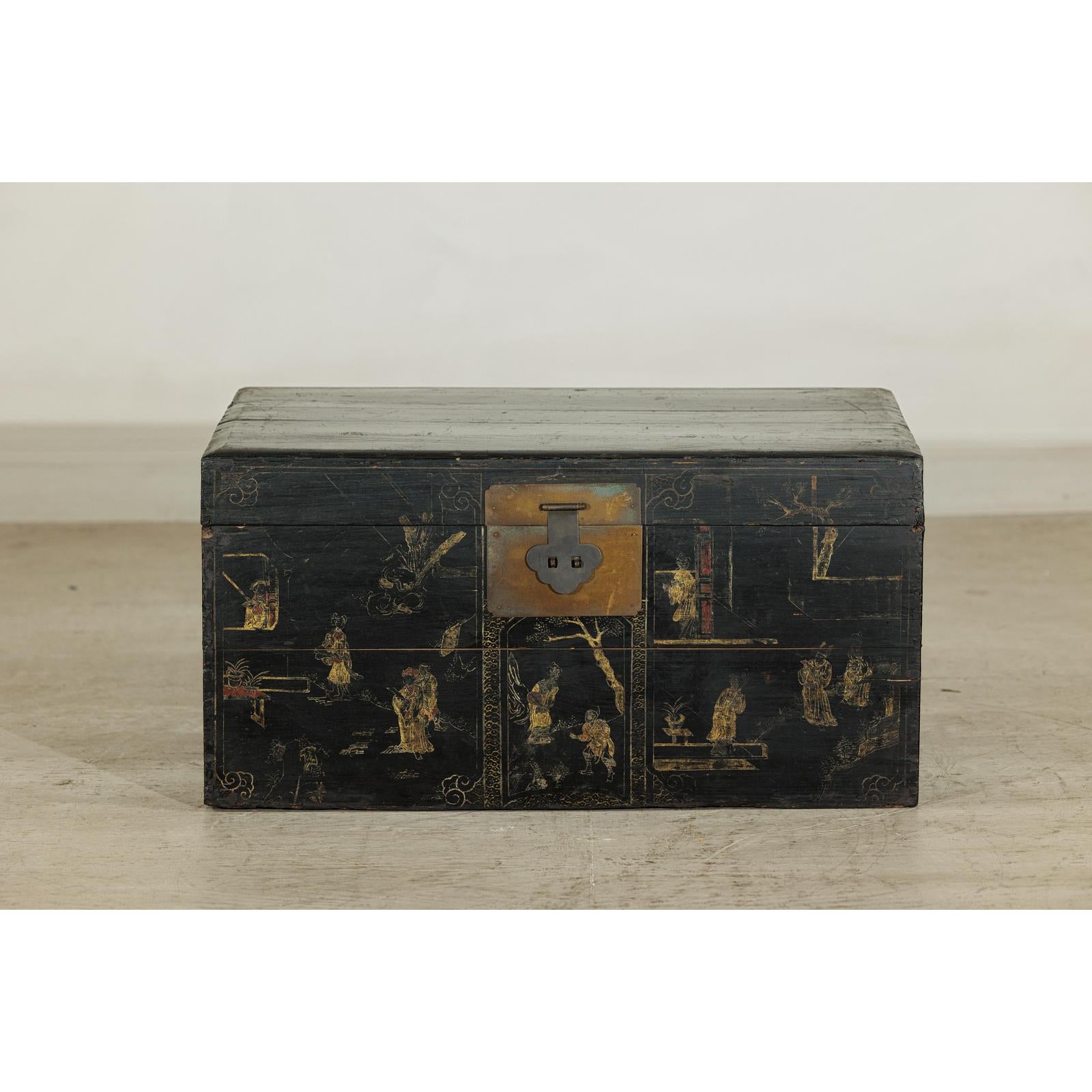 Black Blanket Chest with Hand-Painted Figural Scenes - image 4