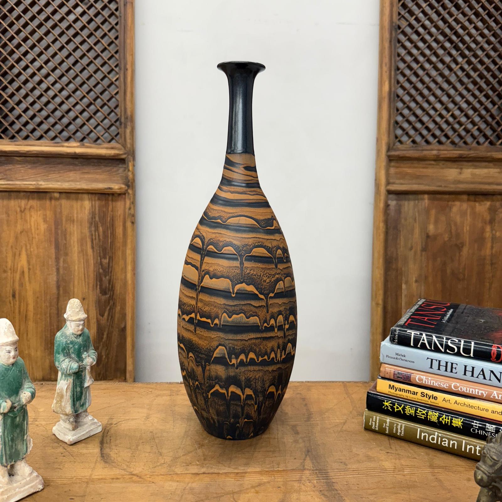Black &amp; Canyon Brown Ceramic Drip Vase with Fluted Neck - FEA Home