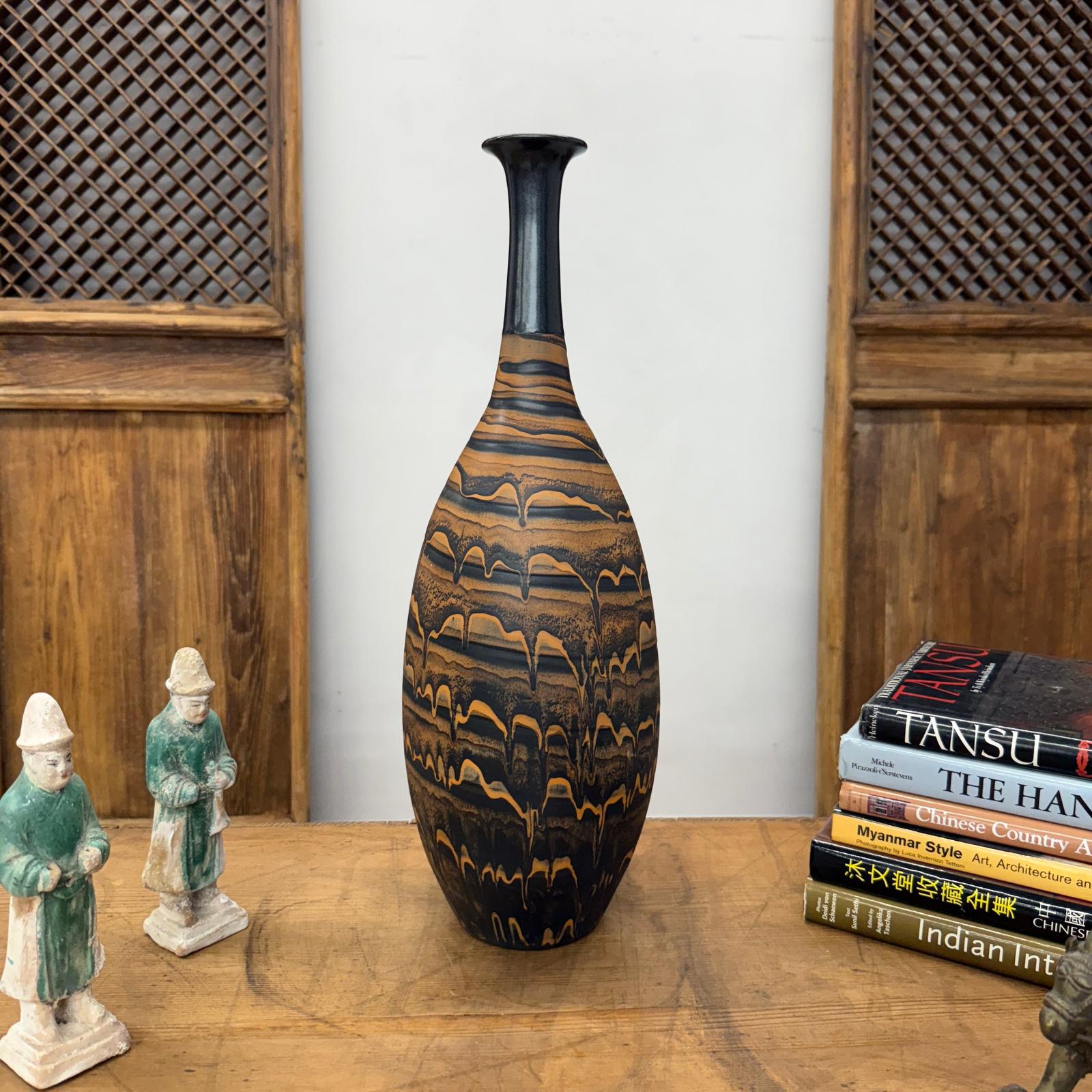 Black &amp; Canyon Brown Ceramic Drip Vase with Fluted Neck - FEA Home